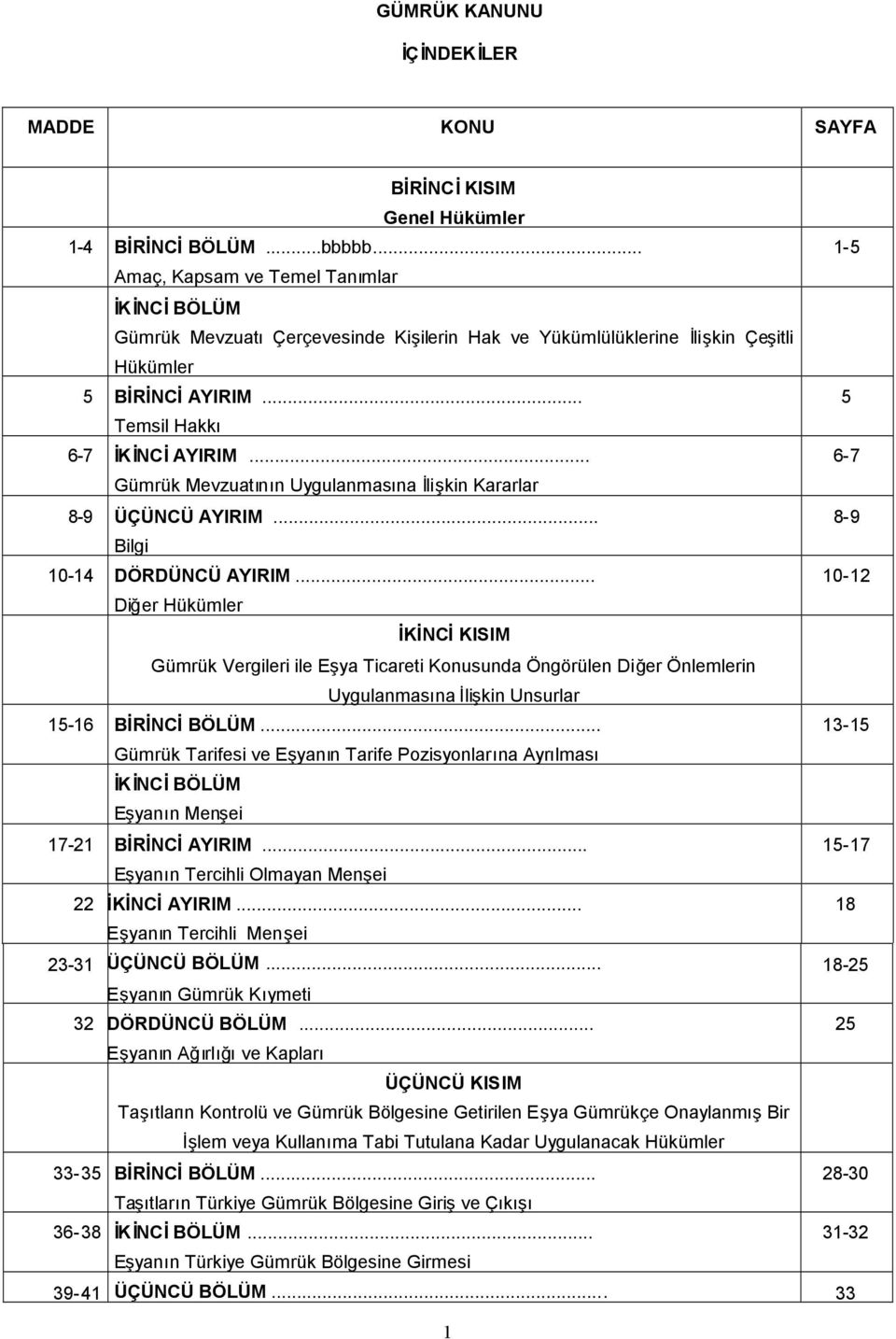 .. 6-7 Gümrük Mevzuatının Uygulanmasına İlişkin Kararlar 8-9 ÜÇÜNCÜ AYIRIM... 8-9 Bilgi 10-14 DÖRDÜNCÜ AYIRIM.