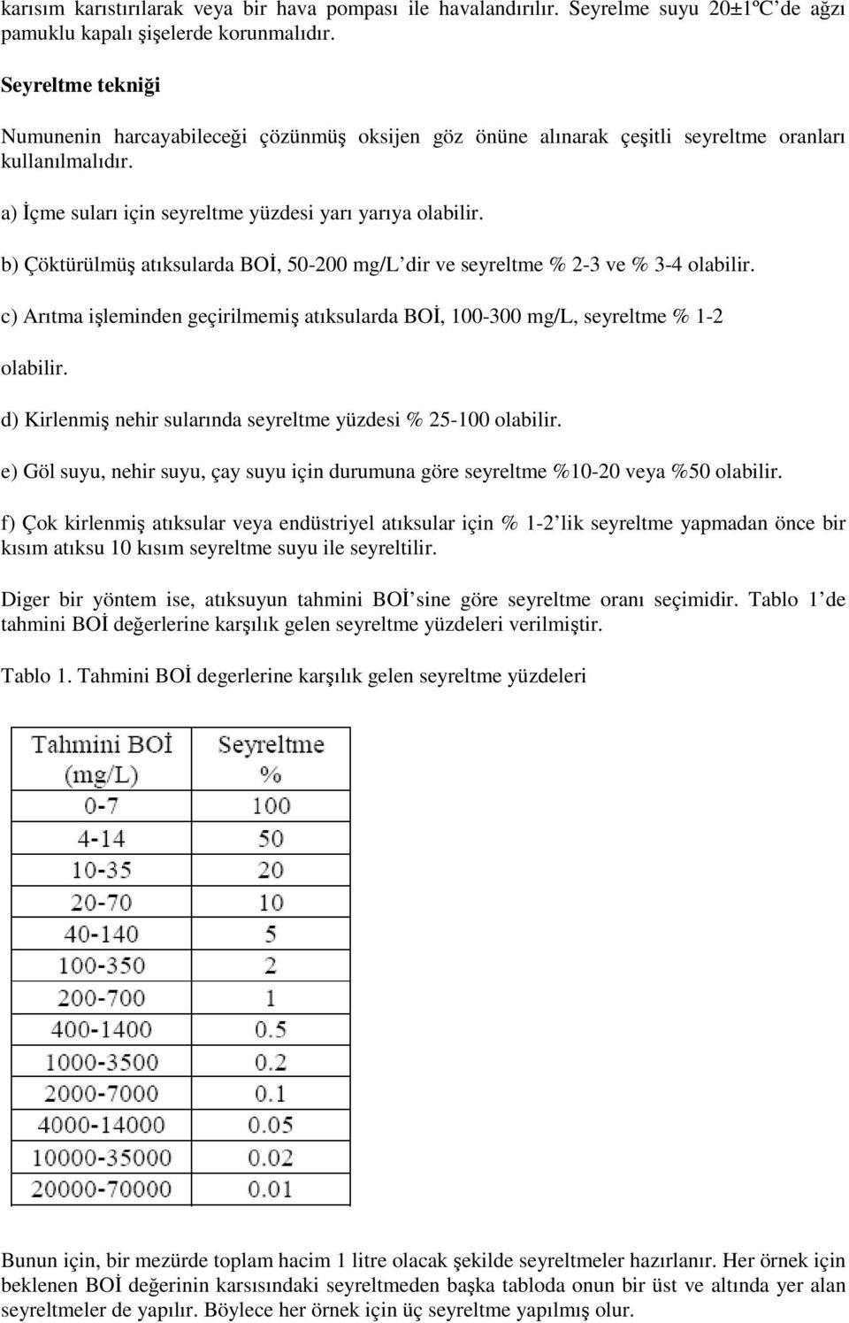 b) Çöktürülmüş atıksularda BOİ, 50-200 mg/l dir ve seyreltme % 2-3 ve % 3-4 olabilir. c) Arıtma işleminden geçirilmemiş atıksularda BOİ, 100-300 mg/l, seyreltme % 1-2 olabilir.