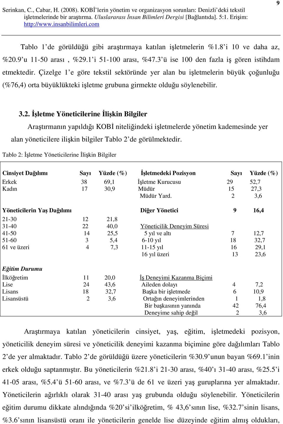 İşletme Yöneticilerine İlişkin Bilgiler Araştırmanın yapıldığı KOBİ niteliğindeki işletmelerde yönetim kademesinde yer alan yöneticilere ilişkin bilgiler Tablo 2 de görülmektedir.