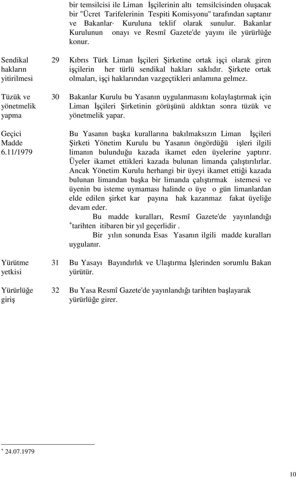 11/1979 Yürütme yetkisi Yürürlüğe giriş 29 Kıbrıs Türk Liman İşçileri Şirketine ortak işçi olarak giren işçilerin her türlü sendikal hakları saklıdır.