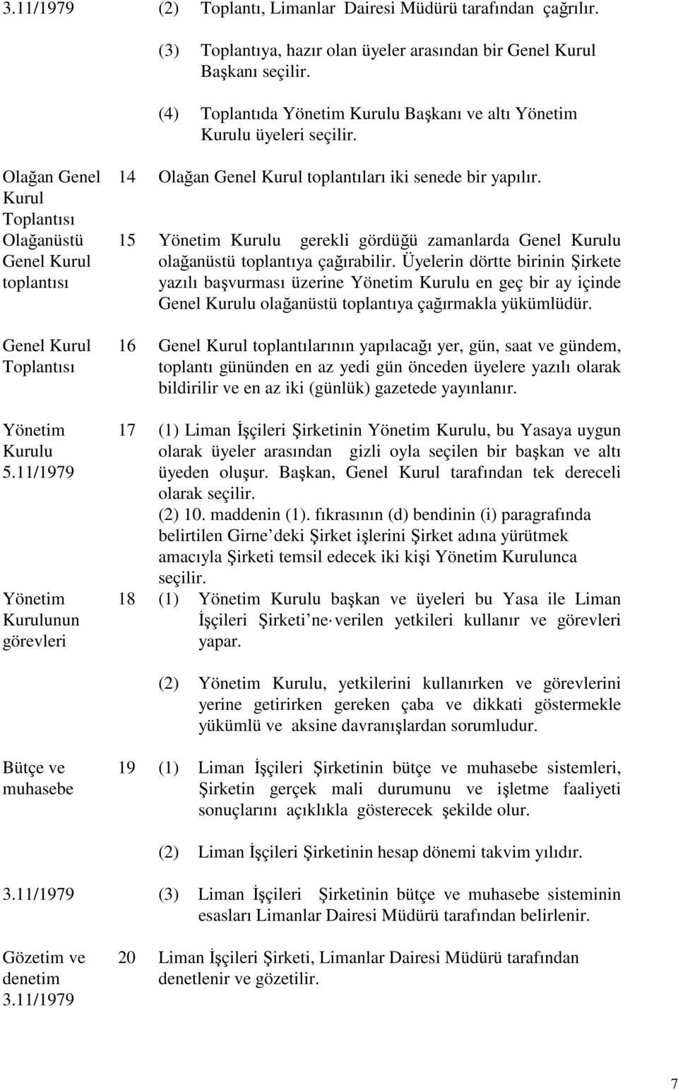 11/1979 Yönetim Kurulunun görevleri 14 Olağan Genel Kurul toplantıları iki senede bir yapılır. 15 Yönetim Kurulu gerekli gördüğü zamanlarda Genel Kurulu olağanüstü toplantıya çağırabilir.