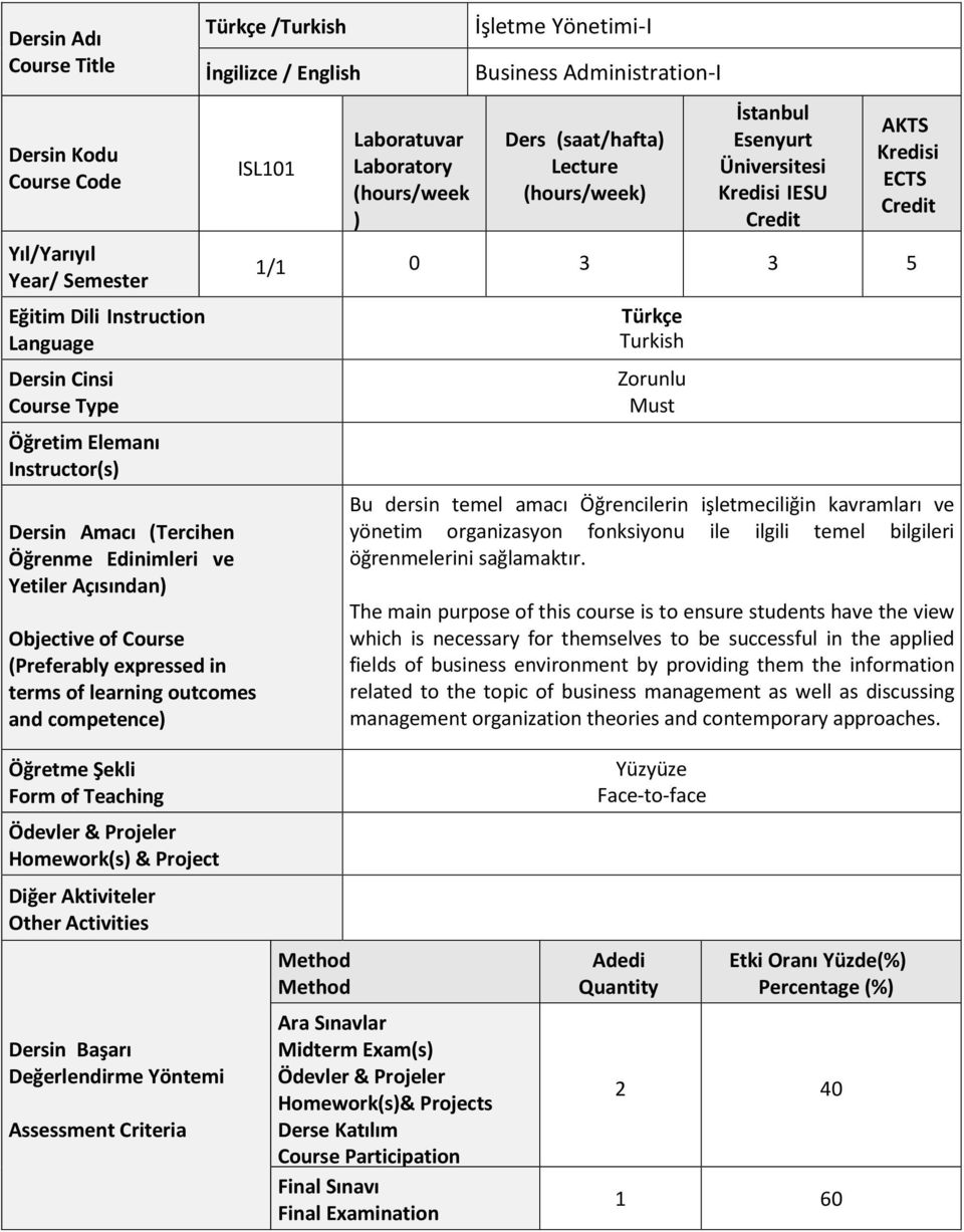 ) İşletme Yönetimi-I Business Administration-I Ders (saat/hafta) Lecture İstanbul Esenyurt Üniversitesi Kredisi IESU Credit AKTS Kredisi ECTS Credit 1/1 0 3 3 5 Türkçe Turkish Zorunlu Must Bu dersin