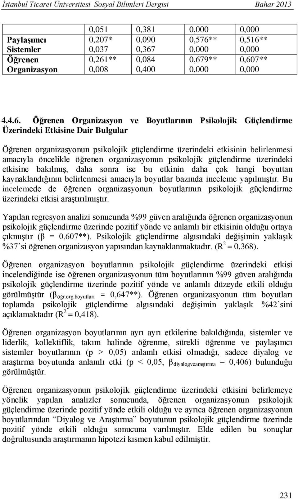 Öğrenen Organizasyon ve Boyutlarının Psikolojik Güçlendirme Üzerindeki Etkisine Dair Bulgular Öğrenen organizasyonun psikolojik güçlendirme üzerindeki etkisinin belirlenmesi amacıyla öncelikle