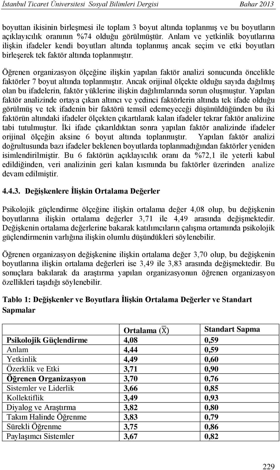 Öğrenen organizasyon ölçeğine ilişkin yapılan faktör analizi sonucunda öncelikle faktörler 7 boyut altında toplanmıştır.