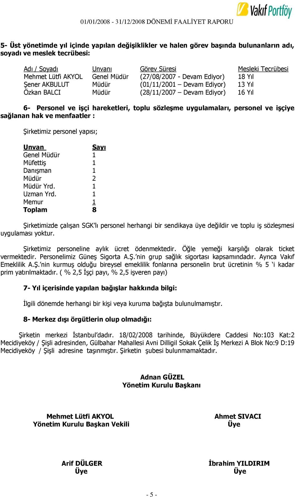 uygulamaları, personel ve işçiye sağlanan hak ve menfaatler : Şirketimiz personel yapısı; Unvan Sayı Genel Müdür 1 Müfettiş 1 Danışman 1 Müdür 2 Müdür Yrd. 1 Uzman Yrd.