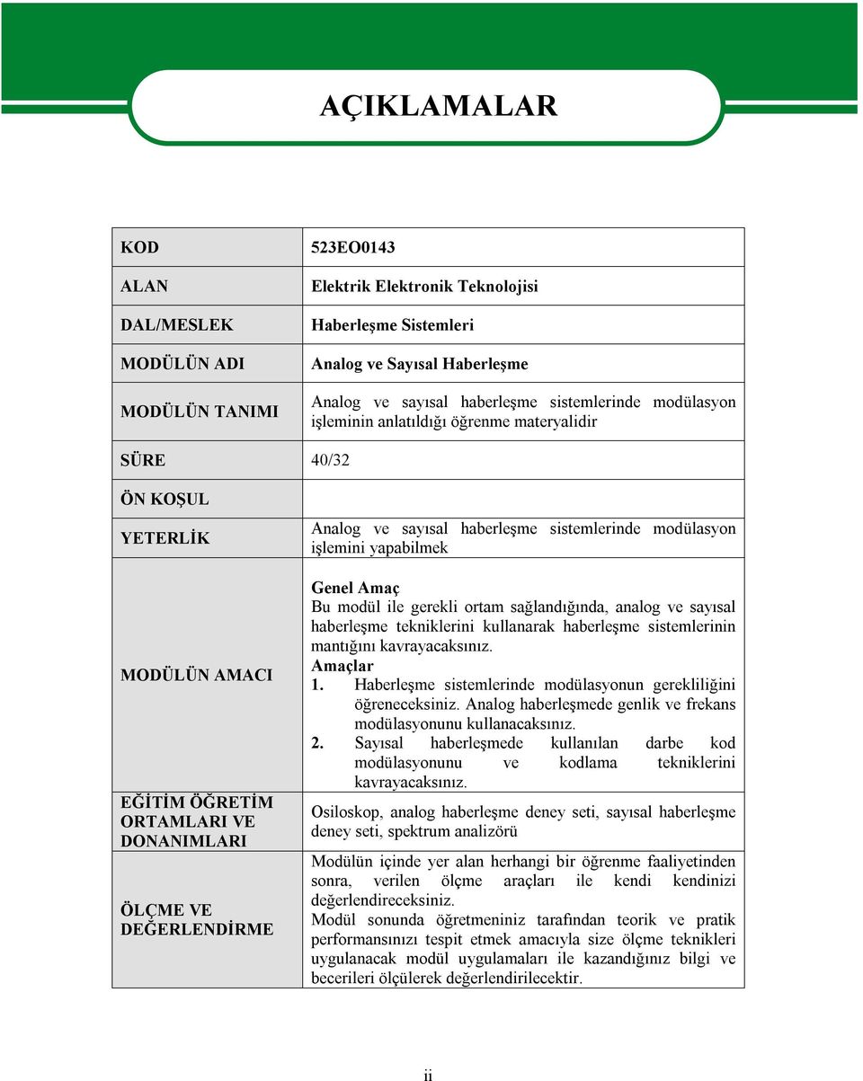 haberleşme sistemlerinde modülasyon işlemini yapabilmek Genel Amaç Bu modül ile gerekli ortam sağlandığında, analog ve sayısal haberleşme tekniklerini kullanarak haberleşme sistemlerinin mantığını