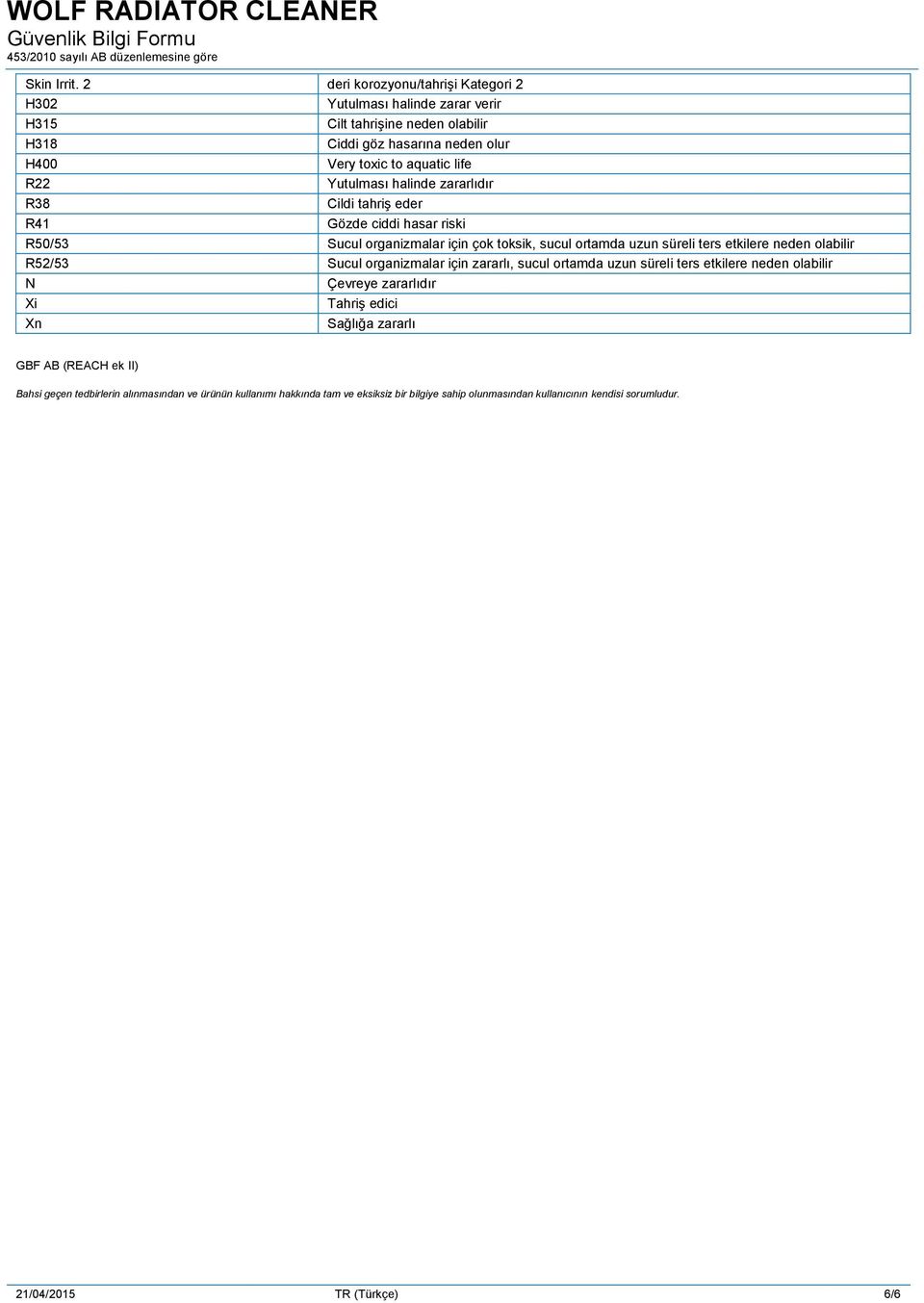 aquatic life Yutulması halinde zararlıdır Cildi tahriş eder Gözde ciddi hasar riski R50/53 Sucul organizmalar için çok toksik, sucul ortamda uzun süreli ters etkilere neden