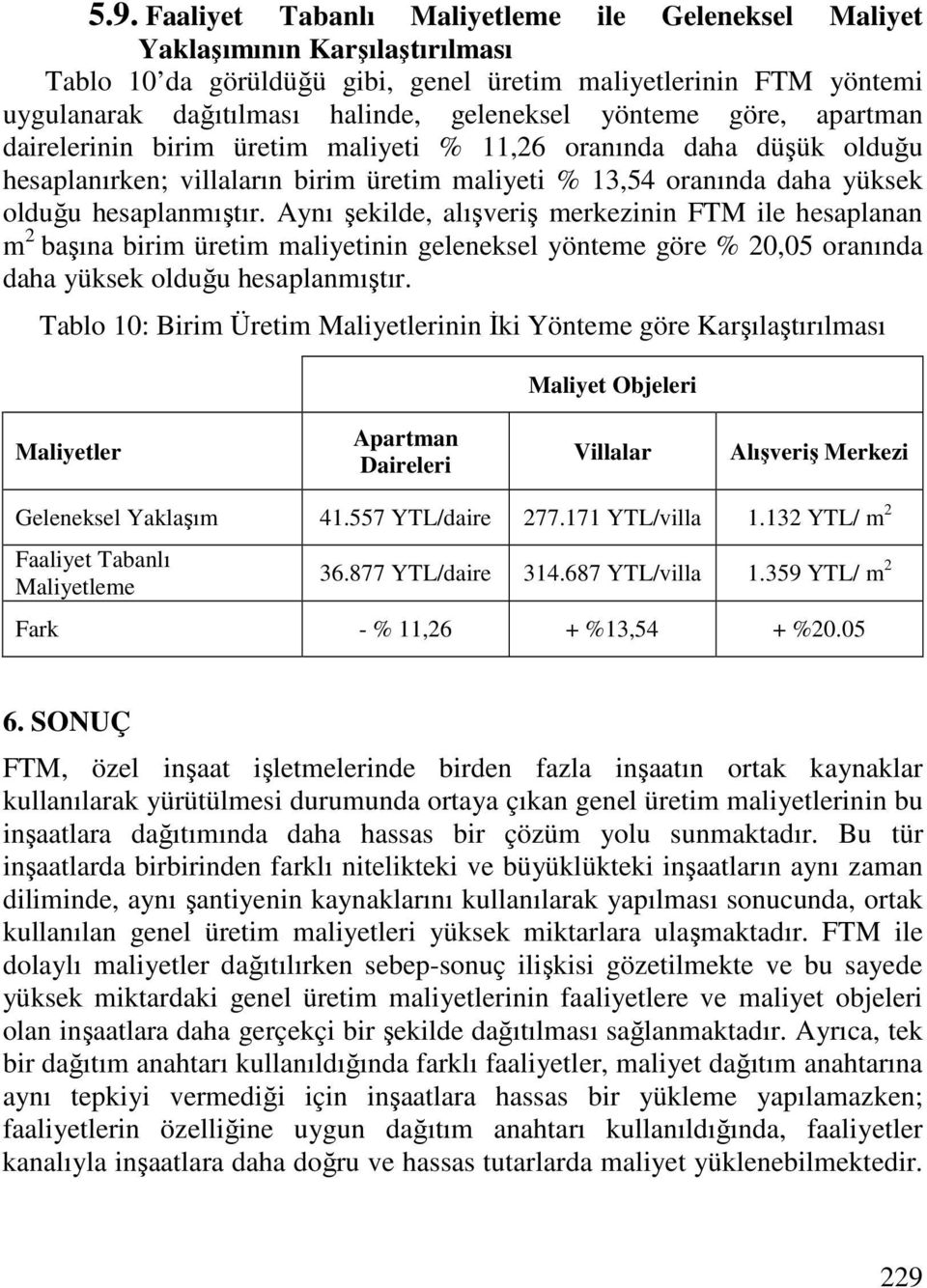 Aynı şekilde, alışveriş merkezinin FTM ile hesaplanan m 2 başına birim üretim maliyetinin geleneksel yönteme göre % 20,05 oranında daha yüksek olduğu hesaplanmıştır.