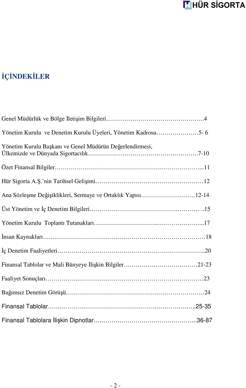 7-10 Özet Finansal Bilgiler...11 Hür Sigorta A.Ş.