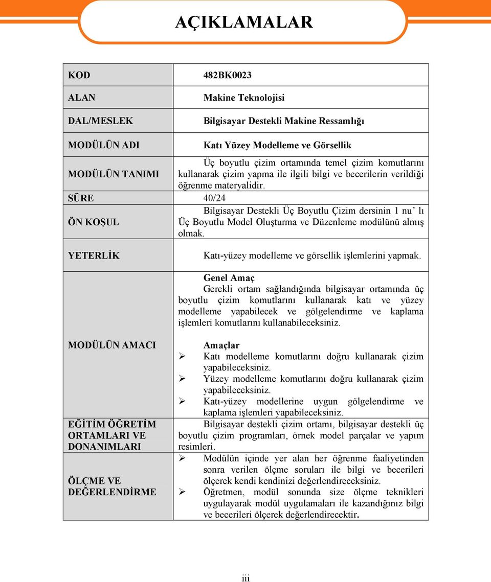 SÜRE 40/24 Bilgisayar Destekli Üç Boyutlu Çizim dersinin 1 nu lı ÖN KOŞUL Üç Boyutlu Model Oluşturma ve Düzenleme modülünü almış olmak. YETERLİK Katı-yüzey modelleme ve görsellik işlemlerini yapmak.