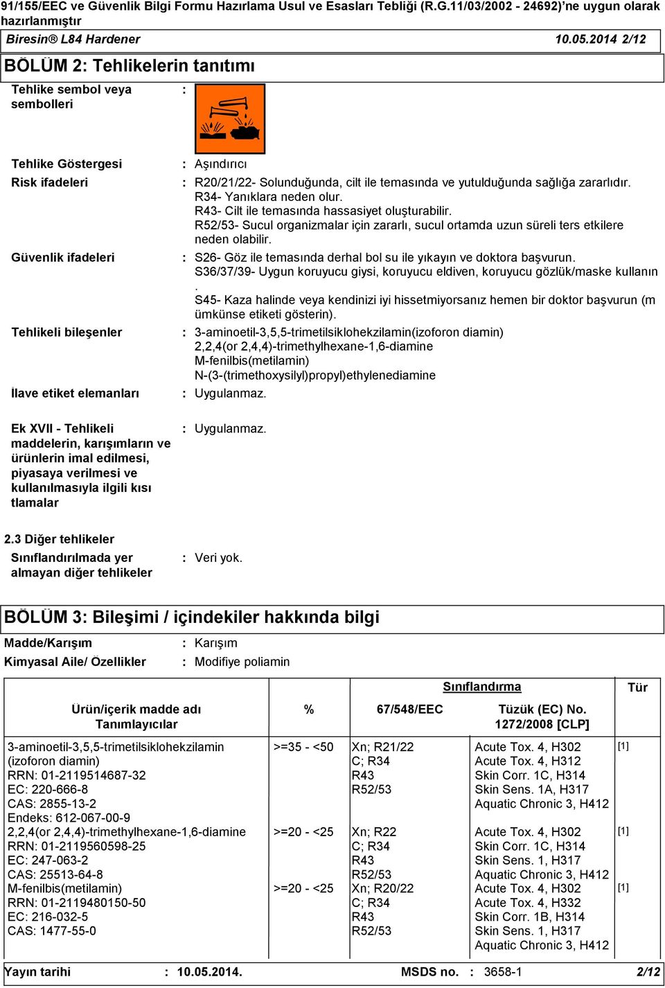 Solunduğunda, cilt ile temasında ve yutulduğunda sağlığa zararlıdır. R34- Yanıklara neden olur. - Cilt ile temasında hassasiyet oluşturabilir.