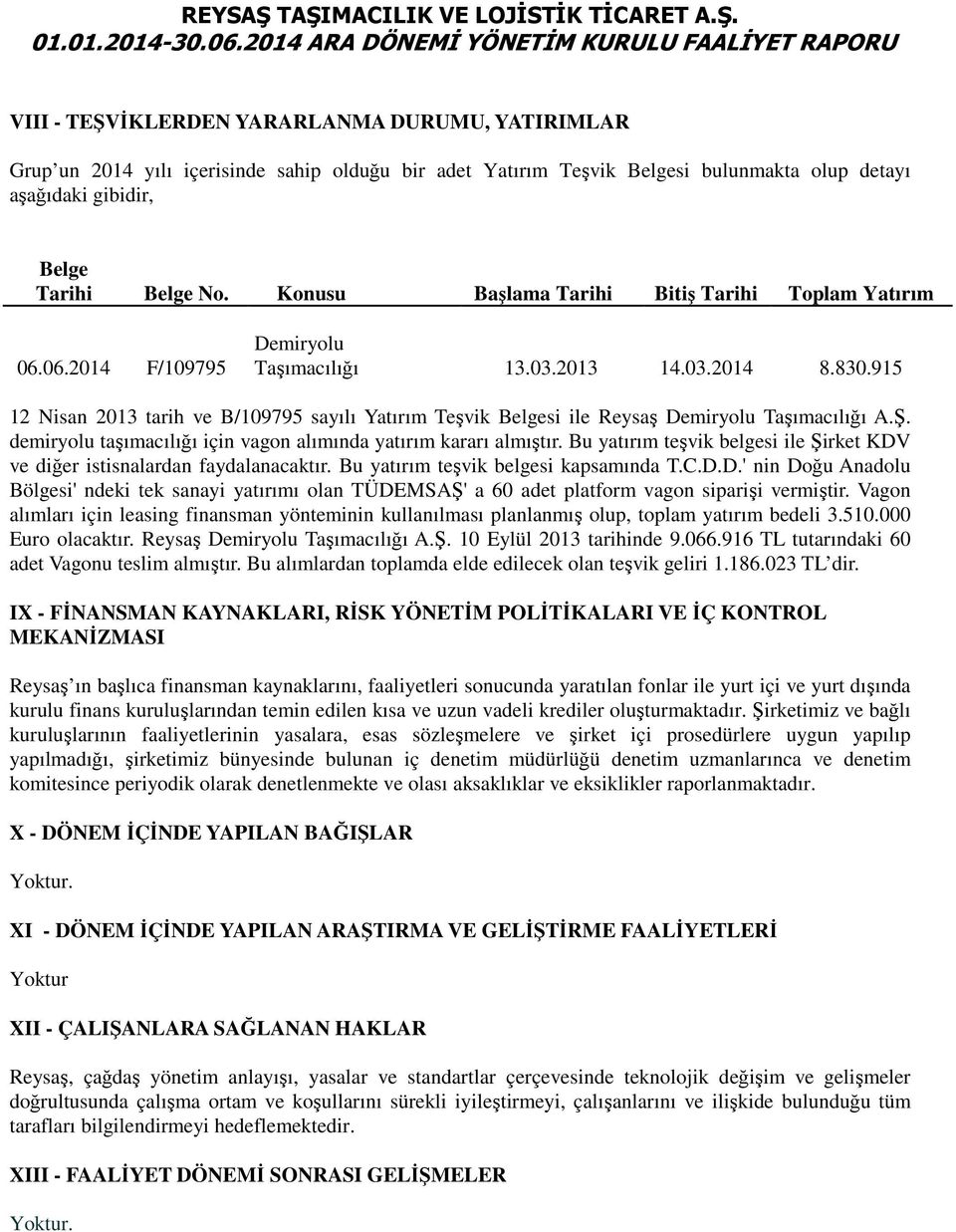 915 12 Nisan 2013 tarih ve B/109795 sayılı Yatırım Teşvik Belgesi ile Reysaş Demiryolu Taşımacılığı A.Ş. demiryolu taşımacılığı için vagon alımında yatırım kararı almıştır.