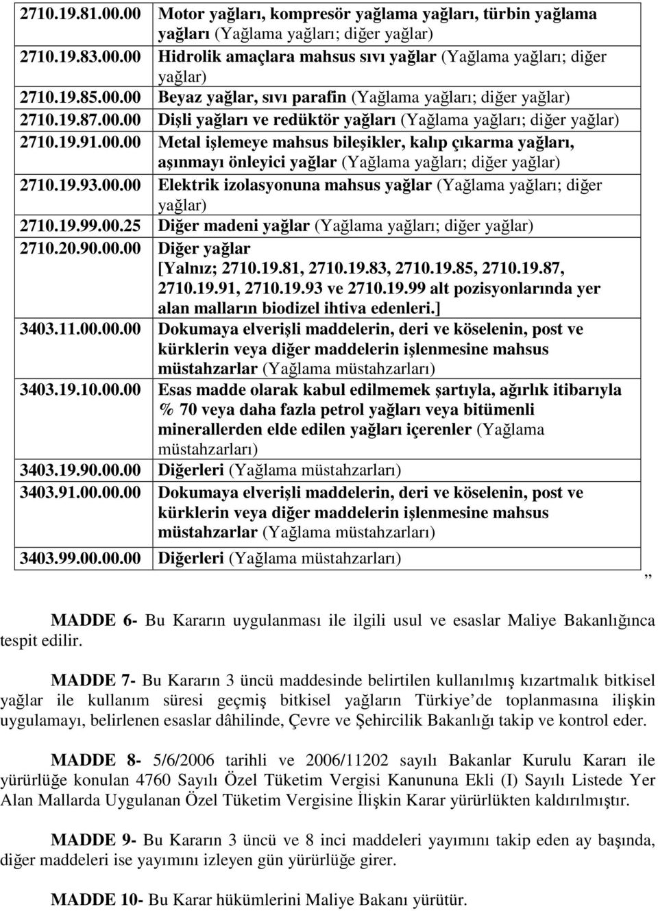 19.93.00.00 Elektrik izolasyonuna mahsus yağlar (Yağlama yağları; diğer yağlar) 2710.19.99.00.25 Diğer madeni yağlar (Yağlama yağları; diğer yağlar) 2710.20.90.00.00 Diğer yağlar [Yalnız; 2710.19.81, 2710.