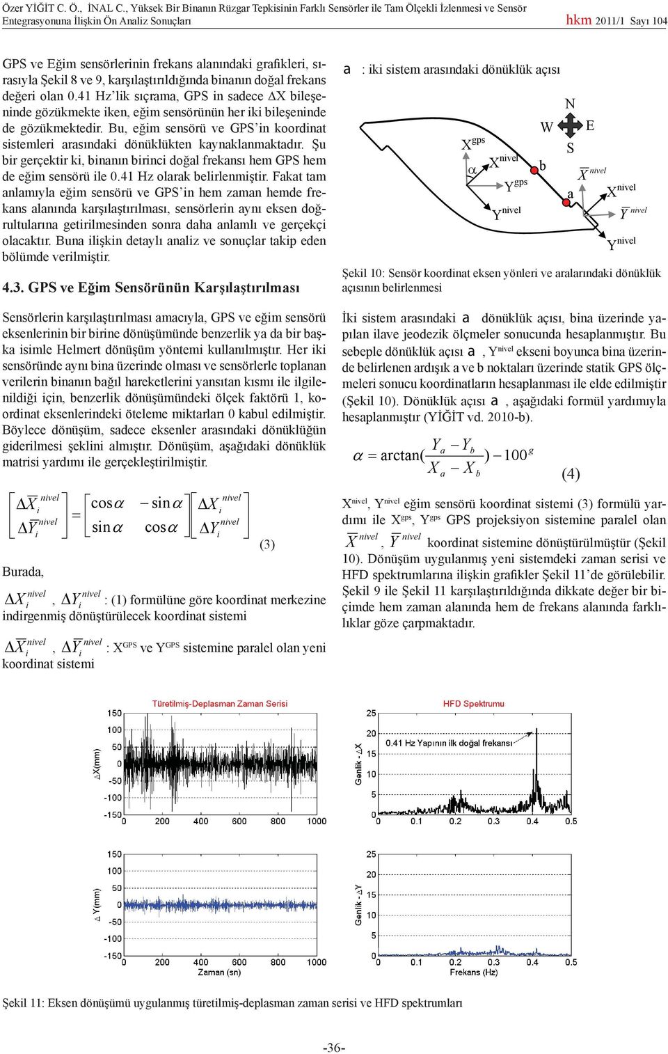 karşılaştırıldığında binanın doğal frekans değeri olan 0.41 Hz lik sıçrama, GPS in sadece ΔX bileşeninde gözükmekte iken, eğim sensörünün her iki bileşeninde de gözükmektedir.