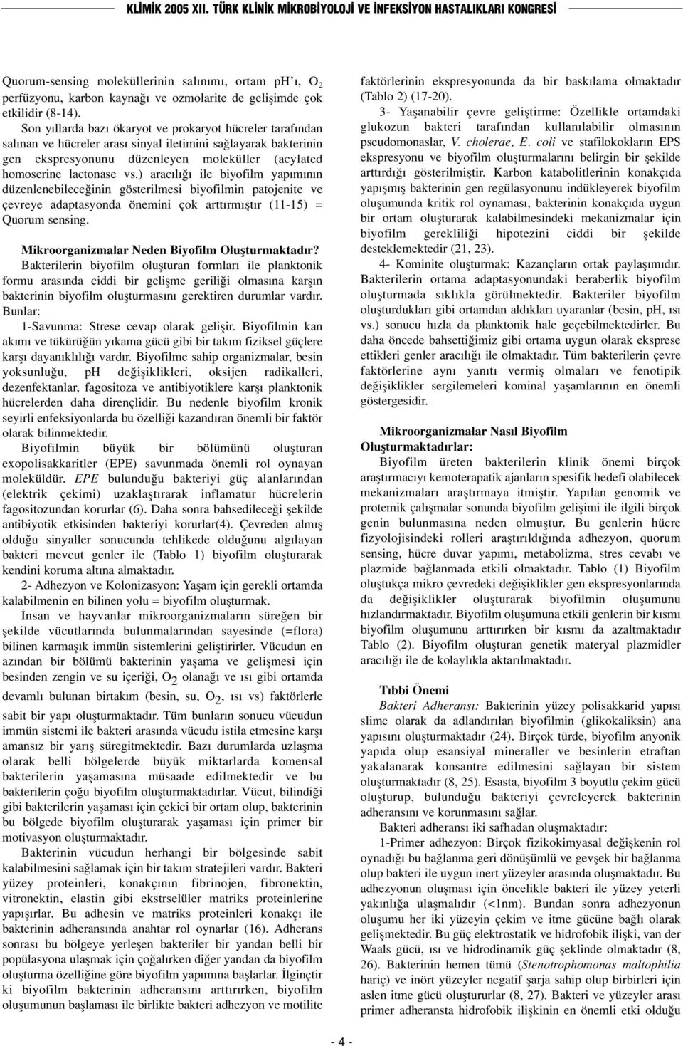 ) arac l ile biyofilm yap m n n düzenlenebilece inin gösterilmesi biyofilmin patojenite ve çevreye adaptasyonda önemini çok artt rm flt r (-5) = Quorum sensing.