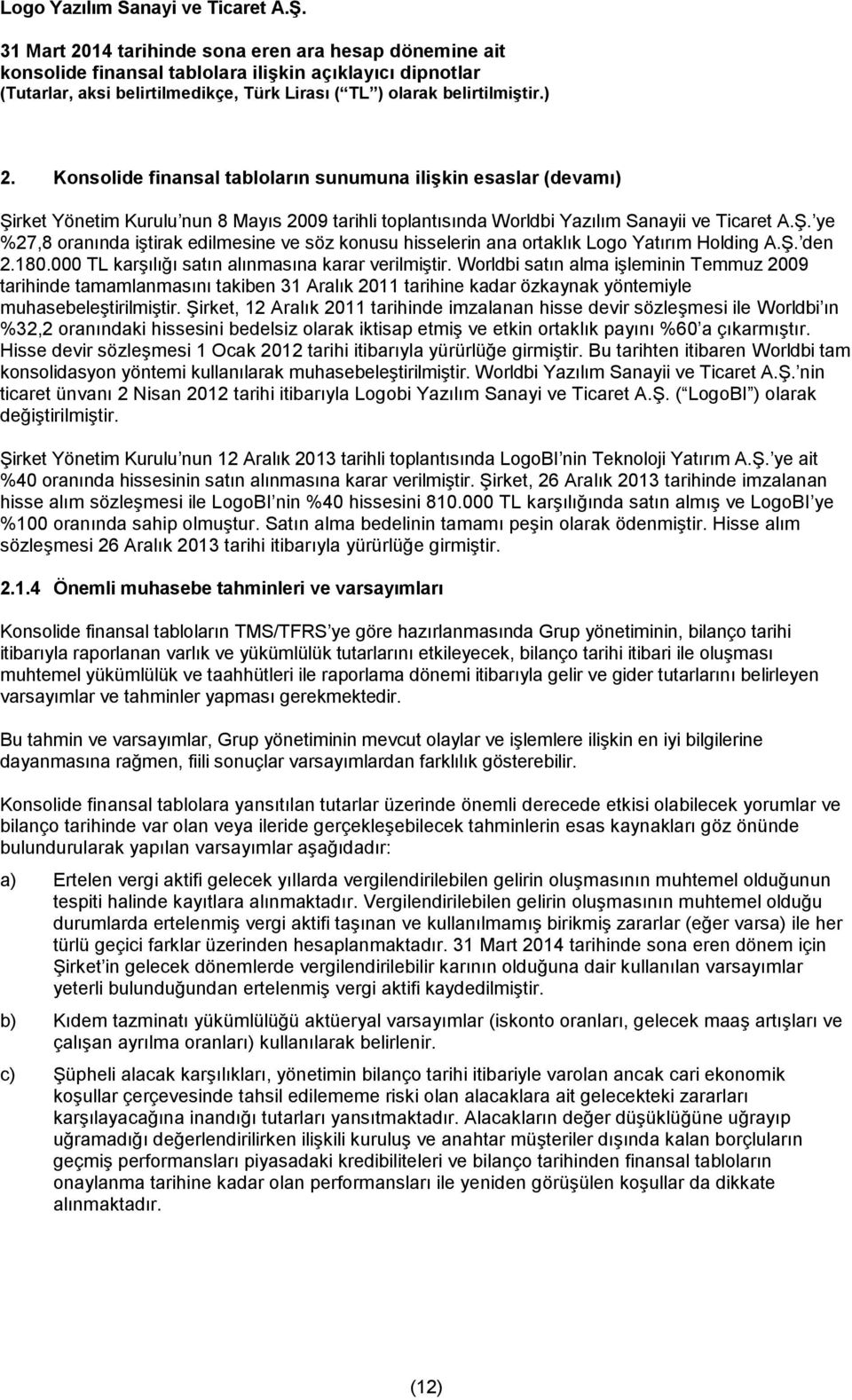 Worldbi satın alma işleminin Temmuz 2009 tarihinde tamamlanmasını takiben 31 Aralık 2011 tarihine kadar özkaynak yöntemiyle muhasebeleştirilmiştir.