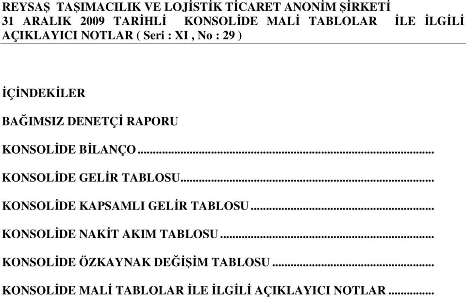 KONSOLĐDE BĐLANÇO... KONSOLĐDE GELĐR TABLOSU... KONSOLĐDE KAPSAMLI GELĐR TABLOSU.