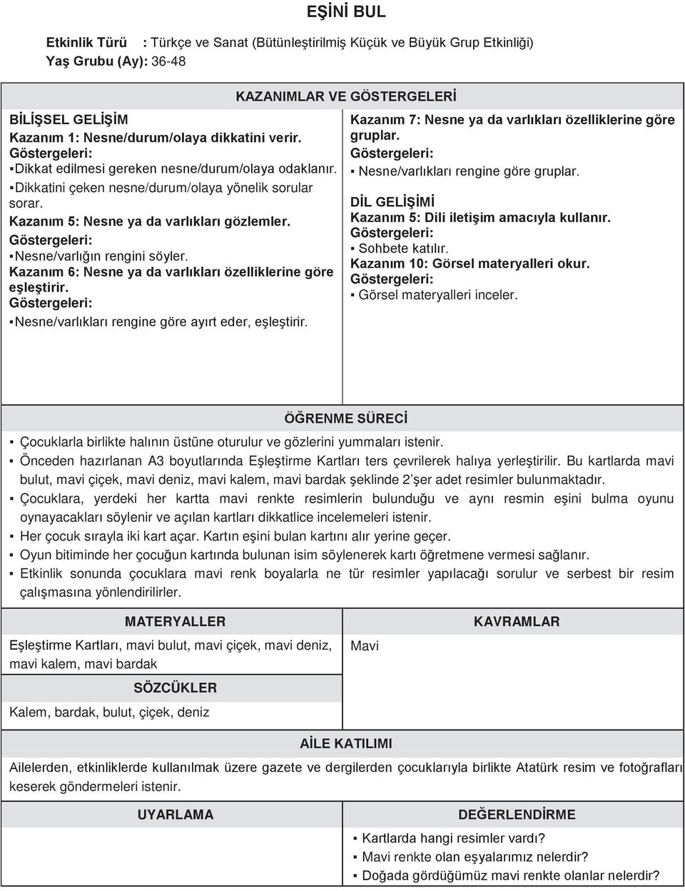 Kazanım 6: Nesne ya da varlıkları özelliklerine göre eşleştirir. Nesne/varlıkları rengine göre ayırt eder, eşleştirir. Kazanım 7: Nesne ya da varlıkları özelliklerine göre gruplar.