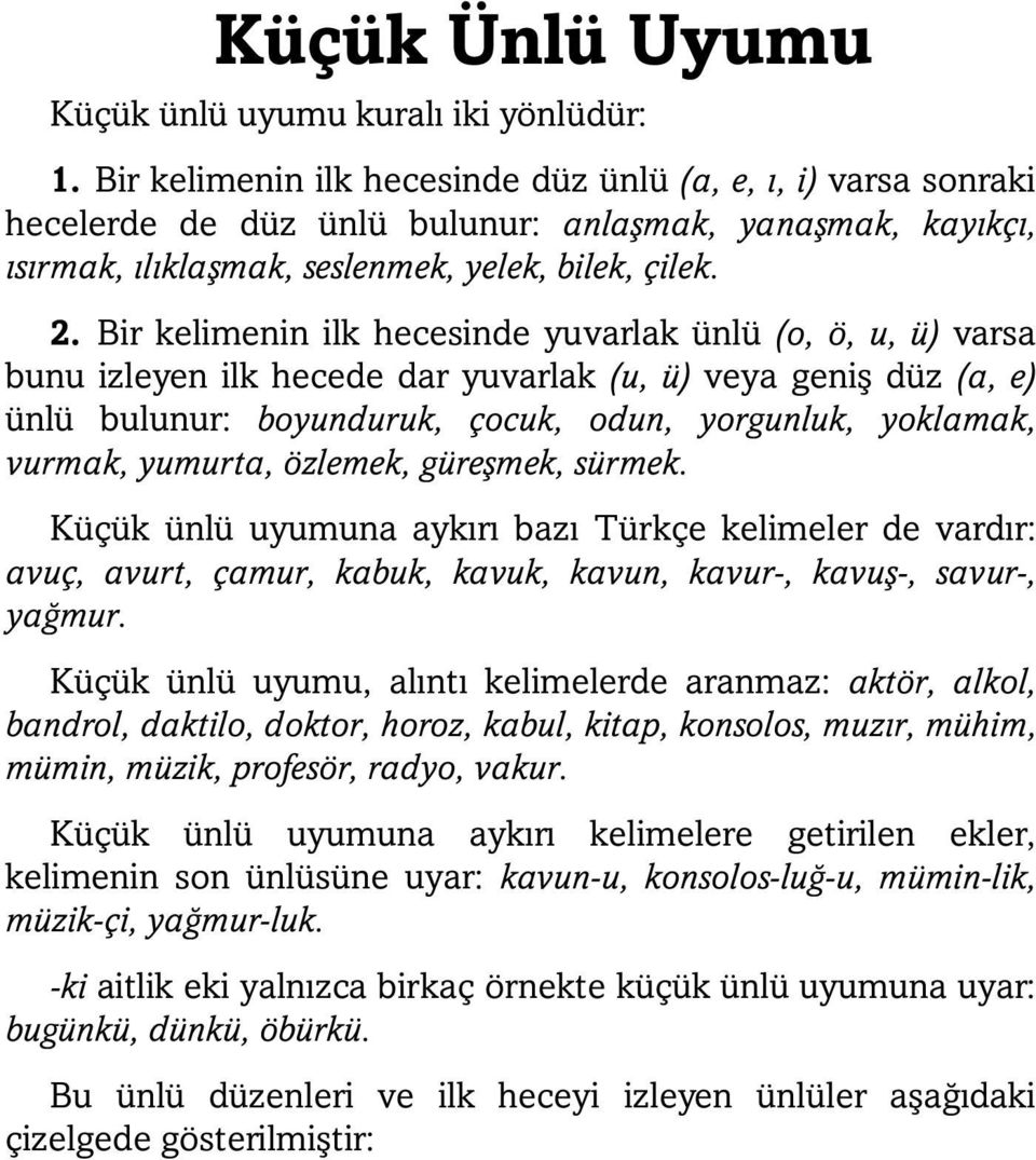 Bir kelimenin ilk hecesinde yuvarlak ünlü (o, ö, u, ü) varsa bunu izleyen ilk hecede dar yuvarlak (u, ü) veya geniş düz (a, e) ünlü bulunur: boyunduruk, çocuk, odun, yorgunluk, yoklamak, vurmak,