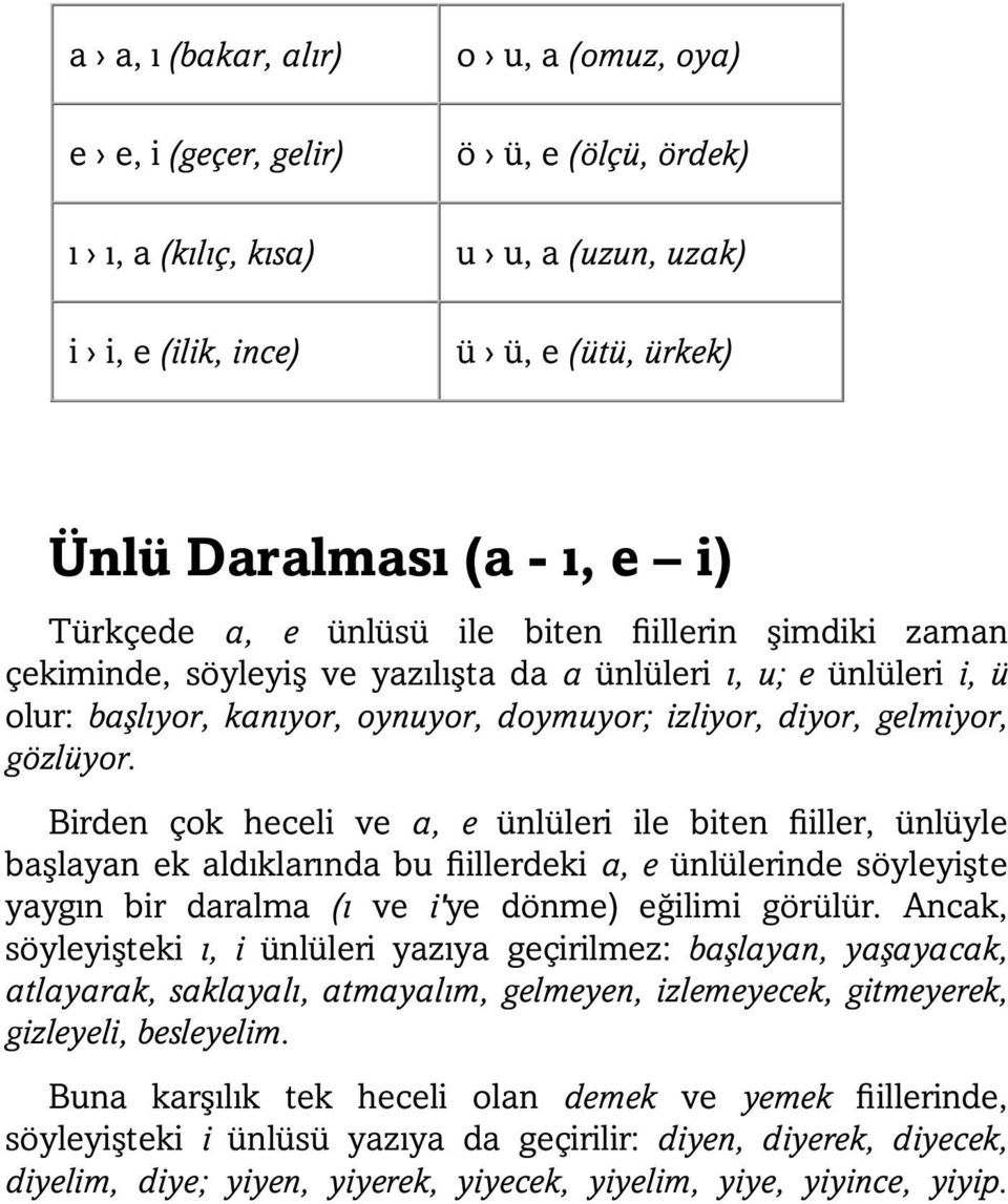 gözlüyor. Birden çok heceli ve a, e ünlüleri ile biten fiiller, ünlüyle başlayan ek aldıklarında bu fiillerdeki a, e ünlülerinde söyleyişte yaygın bir daralma (ı ve i'ye dönme) eğilimi görülür.