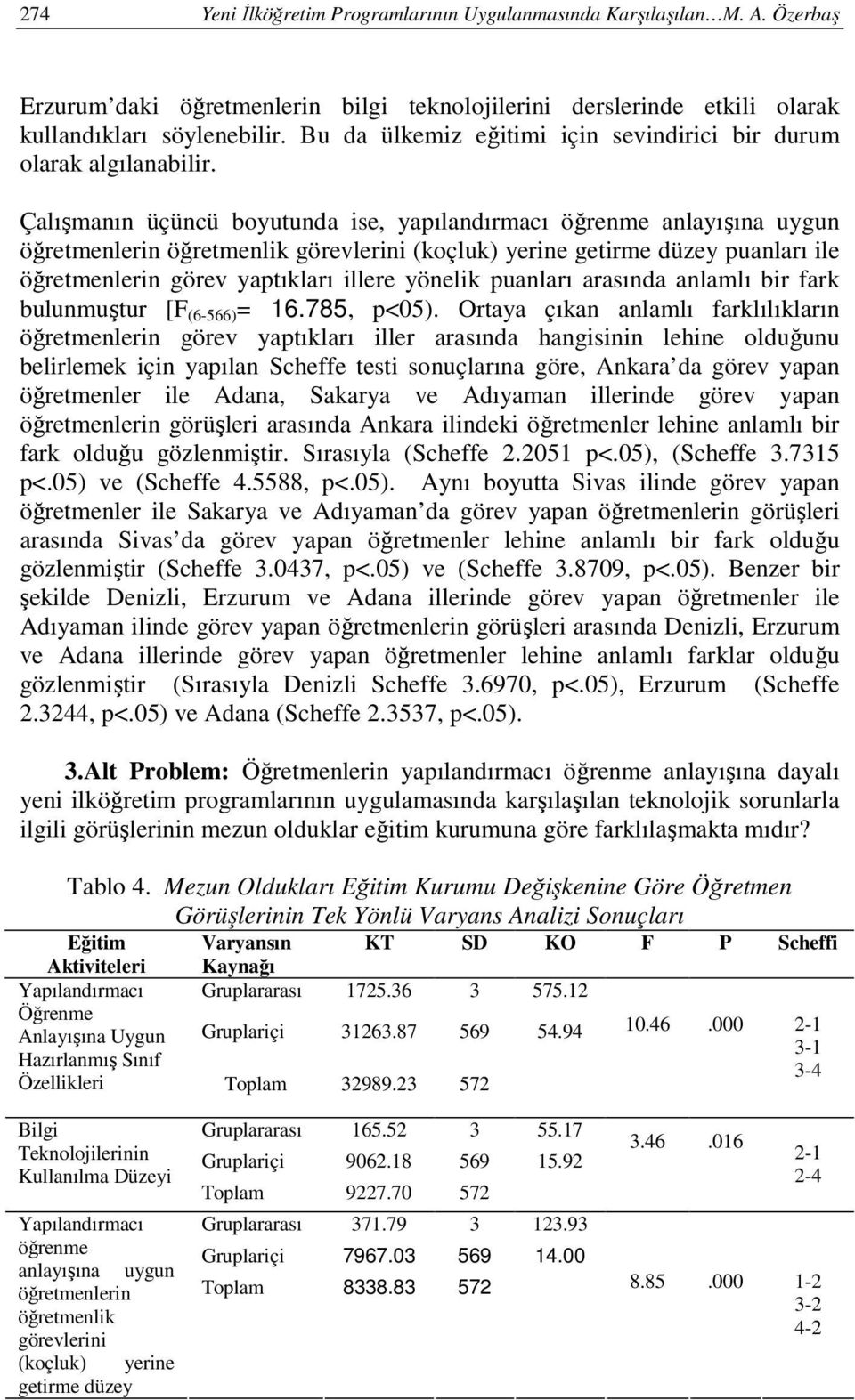 Çalışmanın üçüncü boyutunda ise, yapılandırmacı öğrenme anlayışına uygun öğretmenlerin öğretmenlik görevlerini (koçluk) yerine getirme düzey puanları ile öğretmenlerin görev yaptıkları illere yönelik