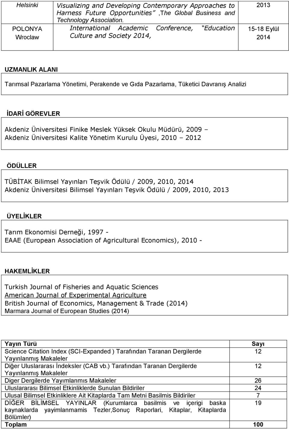 GÖREVLER Akdeniz Üniversitesi Finike Meslek Yüksek Okulu Müdürü, 2009 Akdeniz Üniversitesi Kalite Yönetim Kurulu Üyesi, 2010 2012 ÖDÜLLER TÜBİTAK Bilimsel Yayınları Teşvik Ödülü / 2009, 2010, 2014