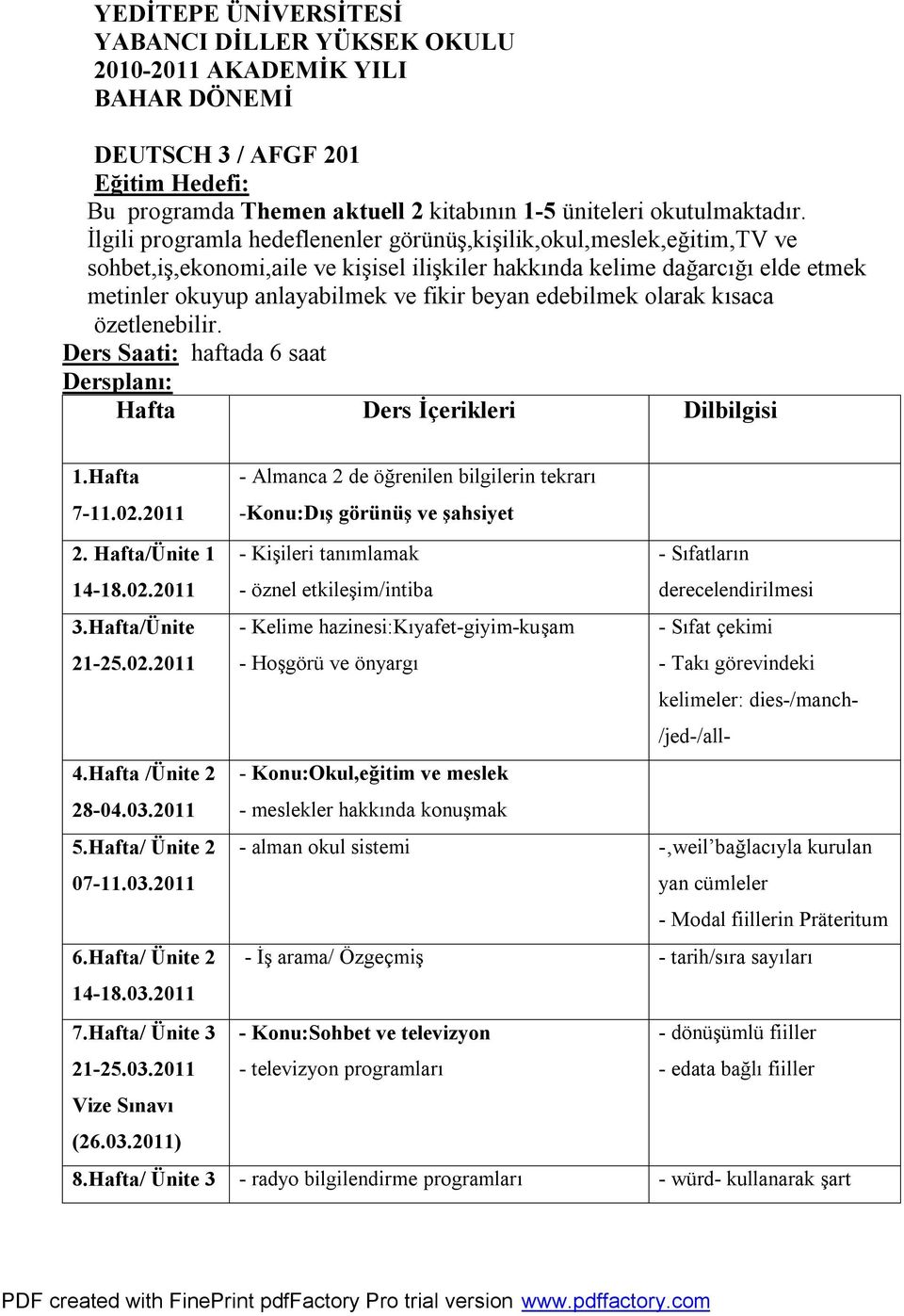 edebilmek olarak kısaca özetlenebilir. Ders Saati: haftada 6 saat Dersplanı: Hafta Ders İçerikleri Dilbilgisi 1.Hafta 7-11.02.