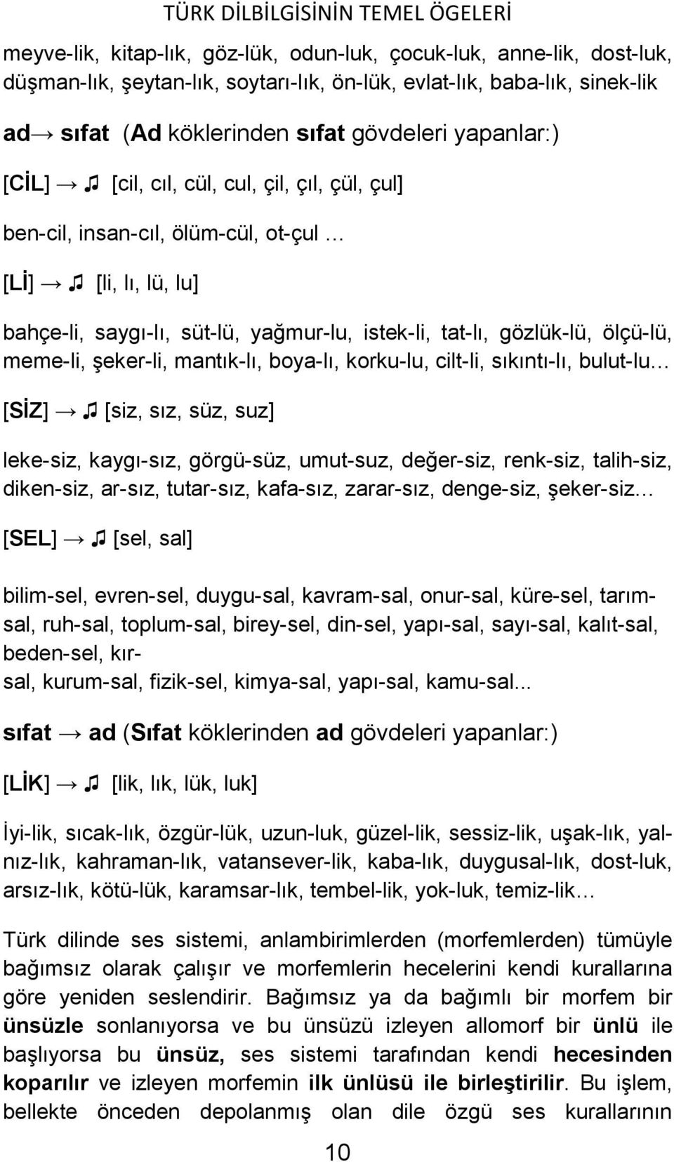 şeker-li, mantık-lı, boya-lı, korku-lu, cilt-li, sıkıntı-lı, bulut-lu [SİZ] [siz, sız, süz, suz] leke-siz, kaygı-sız, görgü-süz, umut-suz, değer-siz, renk-siz, talih-siz, diken-siz, ar-sız,