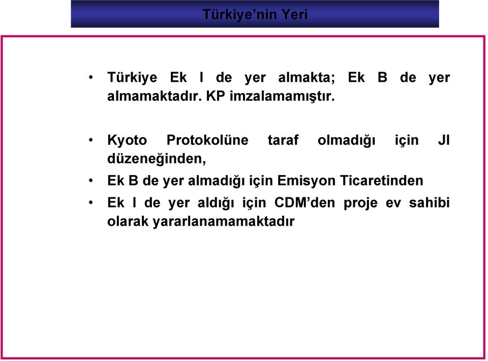 Kyoto Protokolüne taraf olmadığı için JI düzeneğinden, Ek B de yer