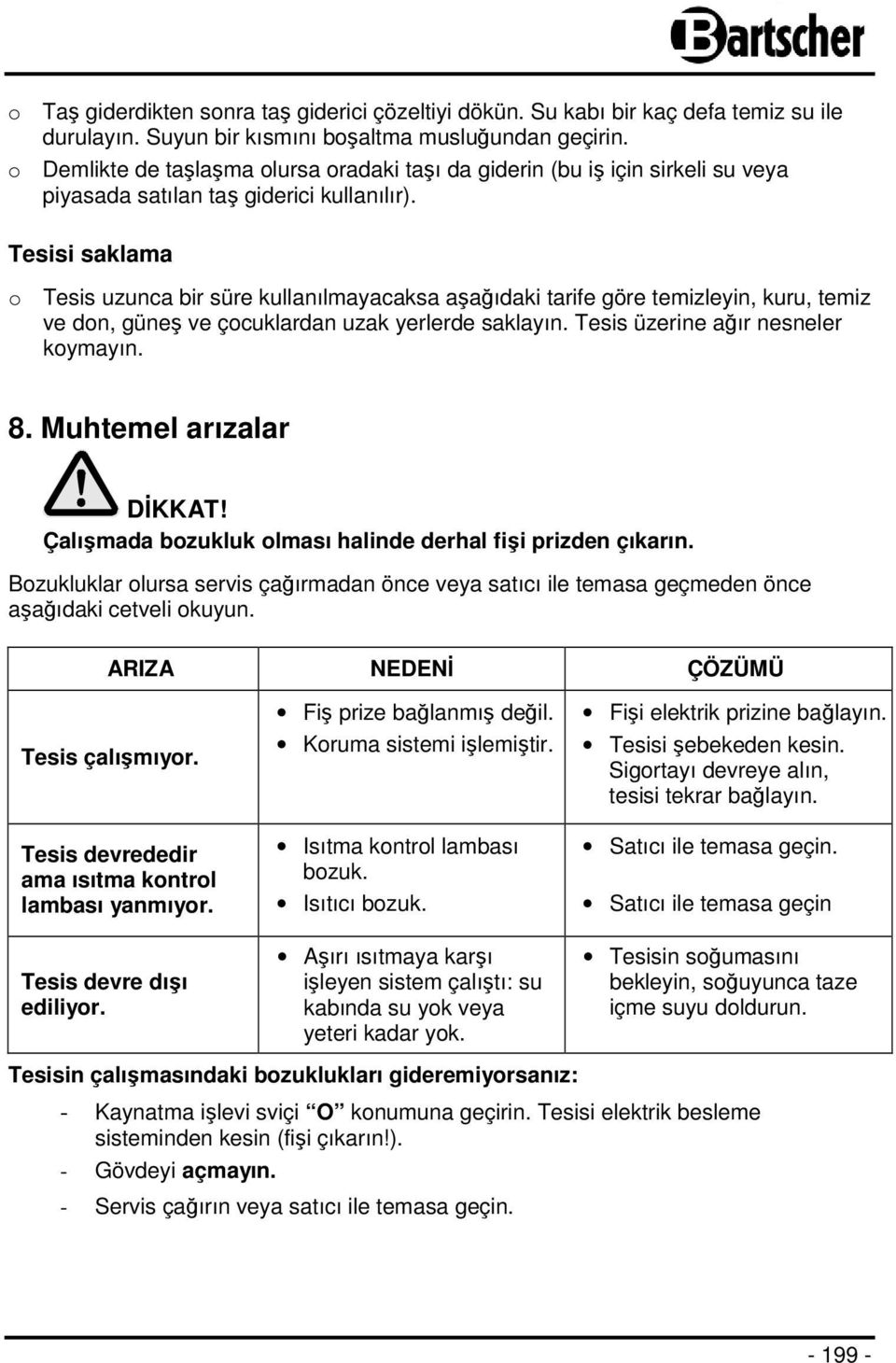 Tesisi saklama o Tesis uzunca bir süre kullanılmayacaksa aşağıdaki tarife göre temizleyin, kuru, temiz ve don, güneş ve çocuklardan uzak yerlerde saklayın. Tesis üzerine ağır nesneler koymayın. 8.