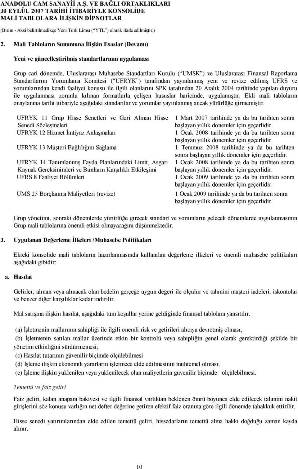 Raporlama Standartlarını Yorumlama Komitesi ( UFRYK ) tarafından yayınlanmış yeni ve revize edilmiş UFRS ve yorumlarından kendi faaliyet konusu ile ilgili olanlarını SPK tarafından 20 Aralık 2004