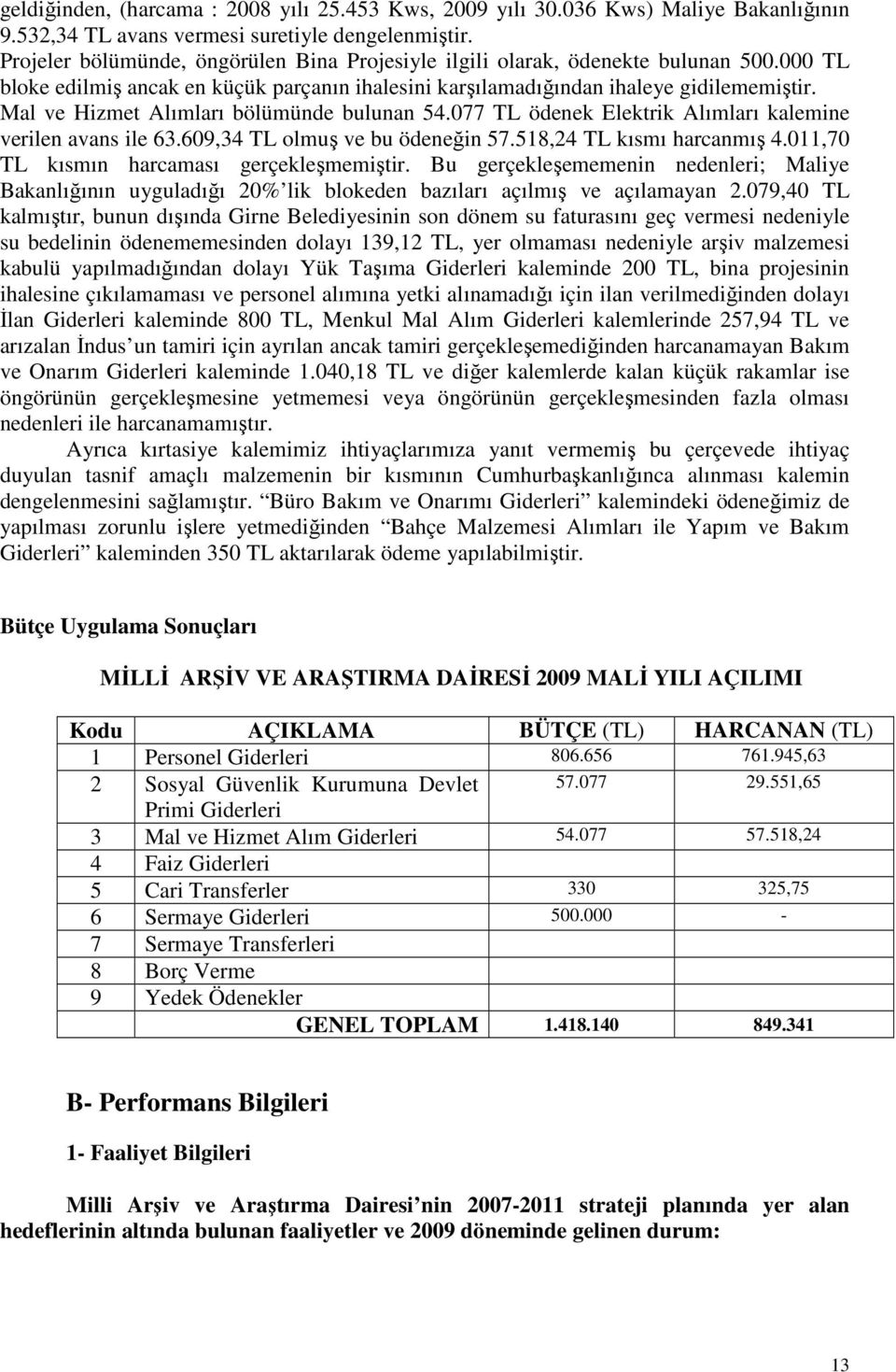 Mal ve Hizmet Alımları bölümünde bulunan 54.077 TL ödenek Elektrik Alımları kalemine verilen avans ile 63.609,34 TL olmuş ve bu ödeneğin 57.518,24 TL kısmı harcanmış 4.