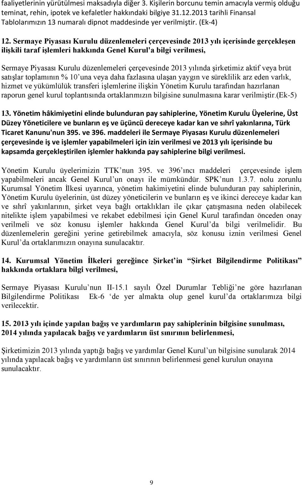 Sermaye Piyasası Kurulu düzenlemeleri çerçevesinde 2013 yılı içerisinde gerçekleşen ilişkili taraf işlemleri hakkında Genel Kurul'a bilgi verilmesi, Sermaye Piyasası Kurulu düzenlemeleri çerçevesinde