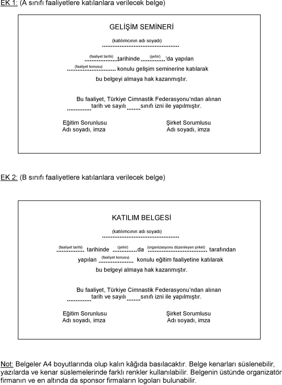 Eğitim Sorunlusu EK 2: (B sınıfı faaliyetlere katılanlara verilecek belge) KATILIM BELGESİ (katılımcının adı soyadı) (faaliyet tarihi) tarihinde yapılan (şehir) (faaliyet konusu) da (organizasyonu