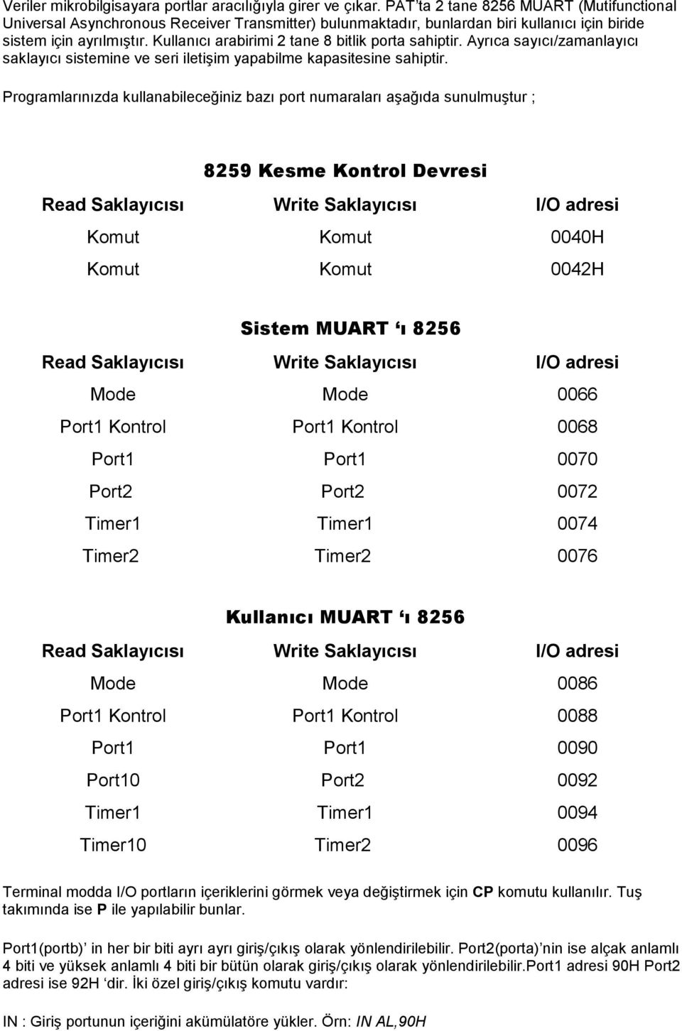 Kullanıcı arabirimi 2 tane 8 bitlik porta sahiptir. Ayrıca sayıcı/zamanlayıcı saklayıcı sistemine ve seri iletişim yapabilme kapasitesine sahiptir.