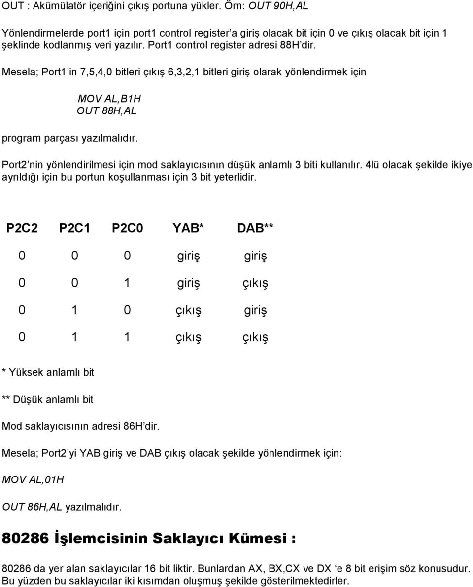 Mesela; Port1 in 7,5,4,0 bitleri çıkış 6,3,2,1 bitleri giriş olarak yönlendirmek için MOV AL,B1H OUT 88H,AL program parçası yazılmalıdır.