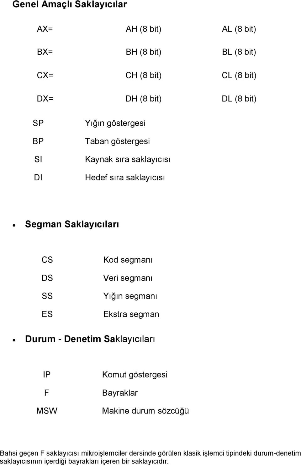 segmanı Yığın segmanı Ekstra segman Durum - Denetim Saklayıcıları IP F MSW Komut göstergesi Bayraklar Makine durum sözcüğü Bahsi geçen F