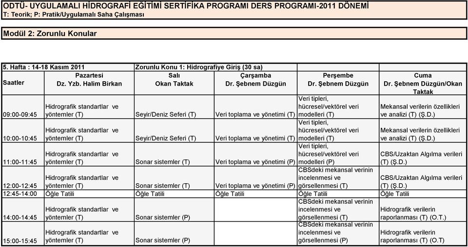 Halim Birkan 10:00-10:45 Hidrografik standartlar ve yöntemler (T) Seyir/Deniz Seferi (T) Veri toplama ve yönetimi (T) Hidrografik standartlar ve yöntemler (T) Seyir/Deniz Seferi (T) Veri toplama ve