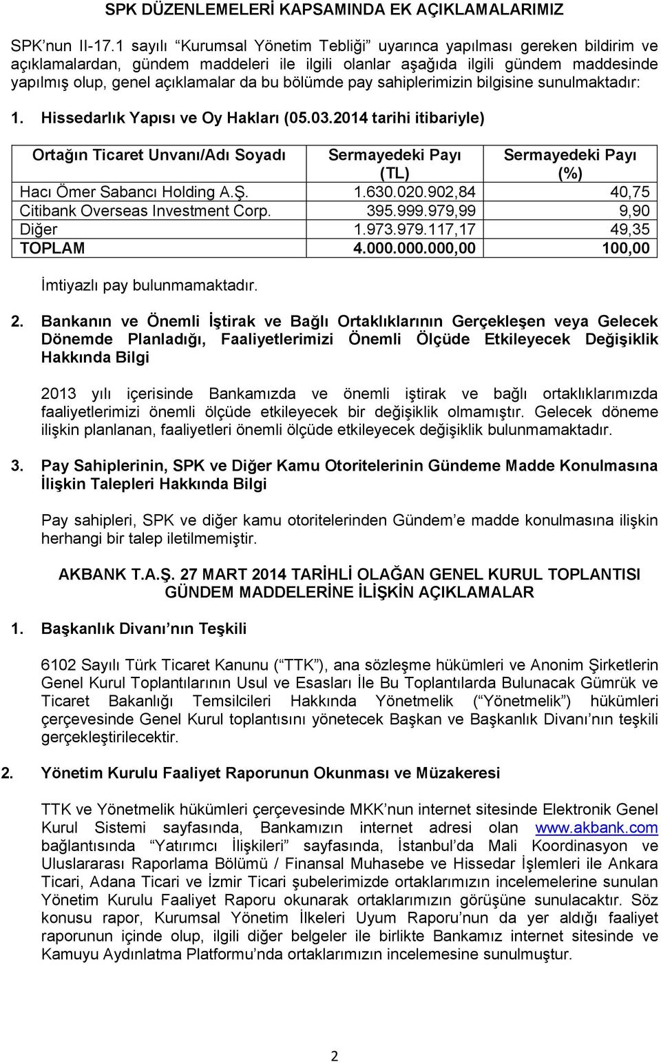 bölümde pay sahiplerimizin bilgisine sunulmaktadır: 1. Hissedarlık Yapısı ve Oy Hakları (05.03.