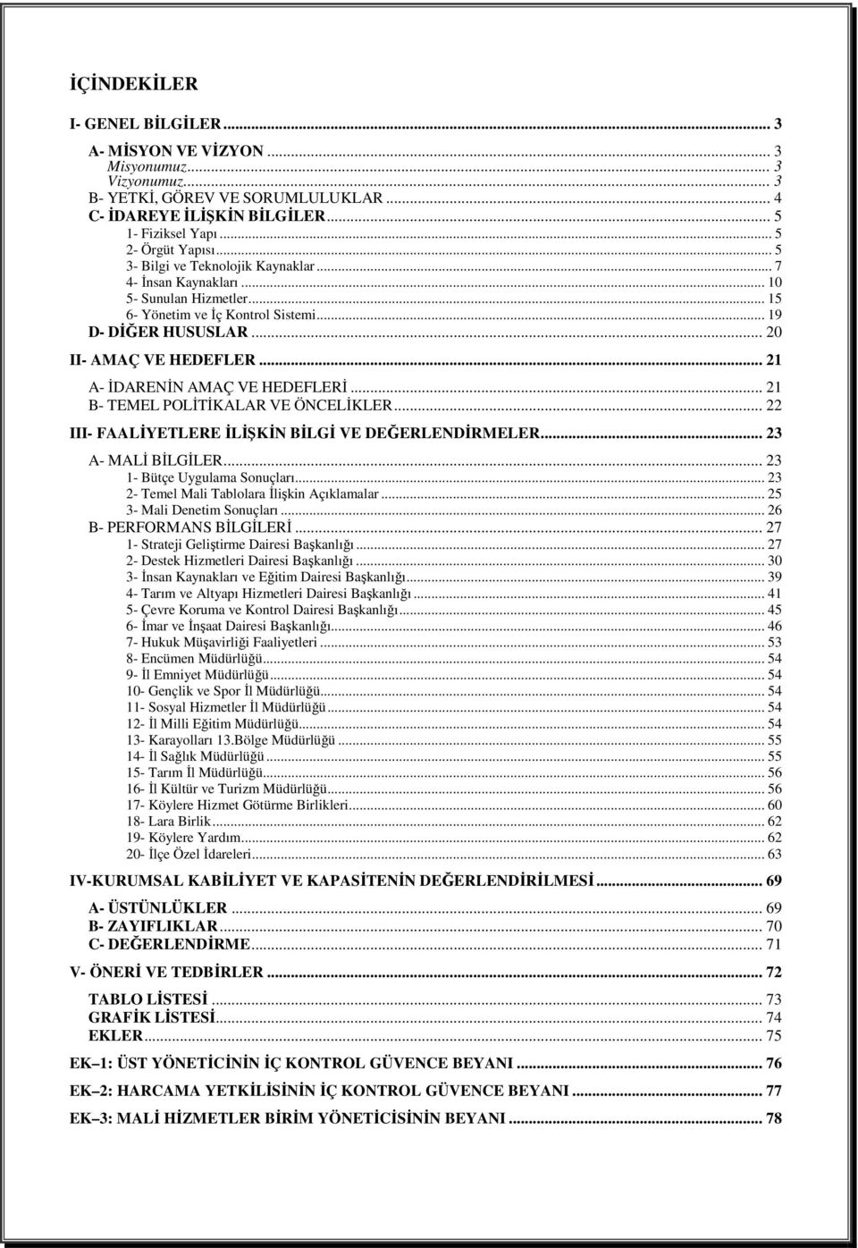 .. 21 A- ĐDARENĐN AMAÇ VE HEDEFLERĐ... 21 B- TEMEL POLĐTĐKALAR VE ÖNCELĐKLER... 22 III- FAALĐYETLERE ĐLĐŞKĐN BĐLGĐ VE DEĞERLENDĐRMELER... 23 A- MALĐ BĐLGĐLER... 23 1- Bütçe Uygulama Sonuçları.