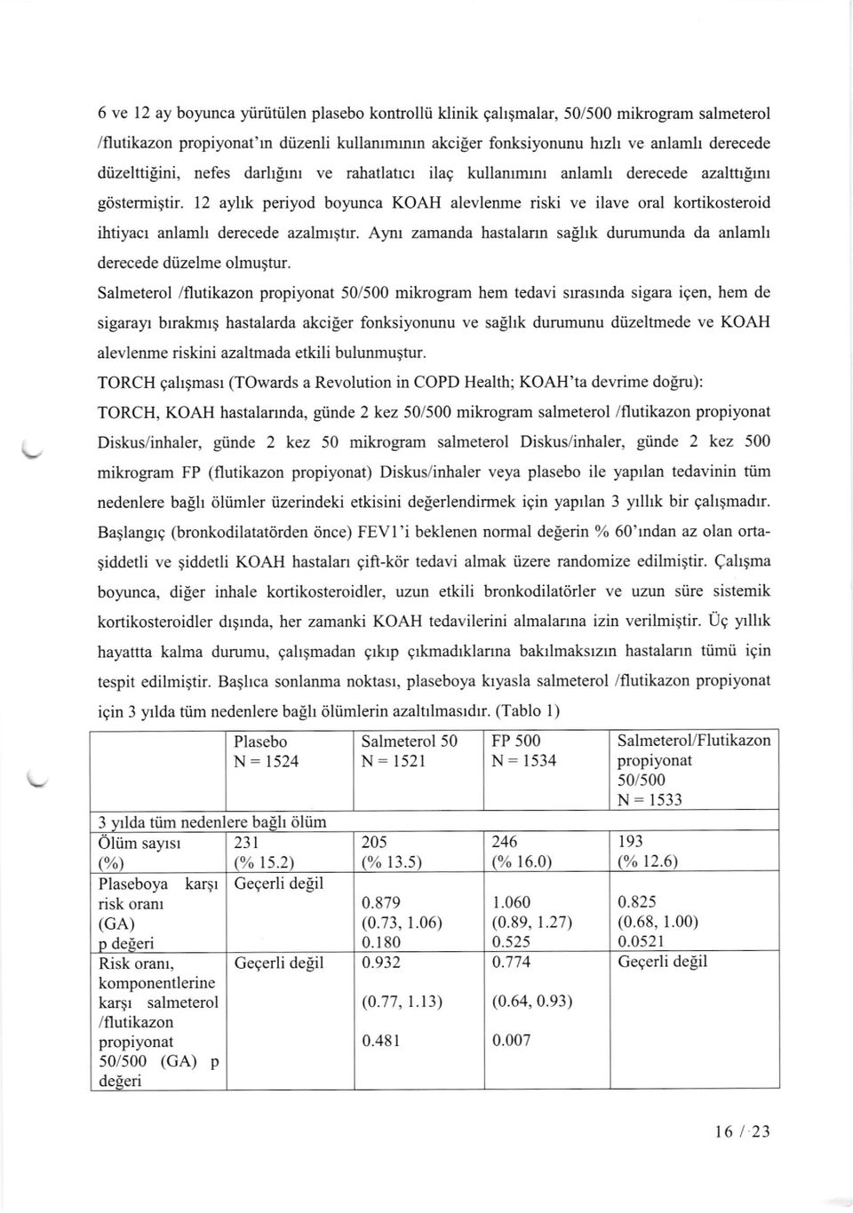 12 ayhk periyod boyunca KOAH alevlenme riski ve ilave oral kortikosteroid ihtiyacr anlamh derecede azalmrqtr. Aynr zamanda hastalann salhk durumunda da anlamlt derecede diizelme olmu$tur.