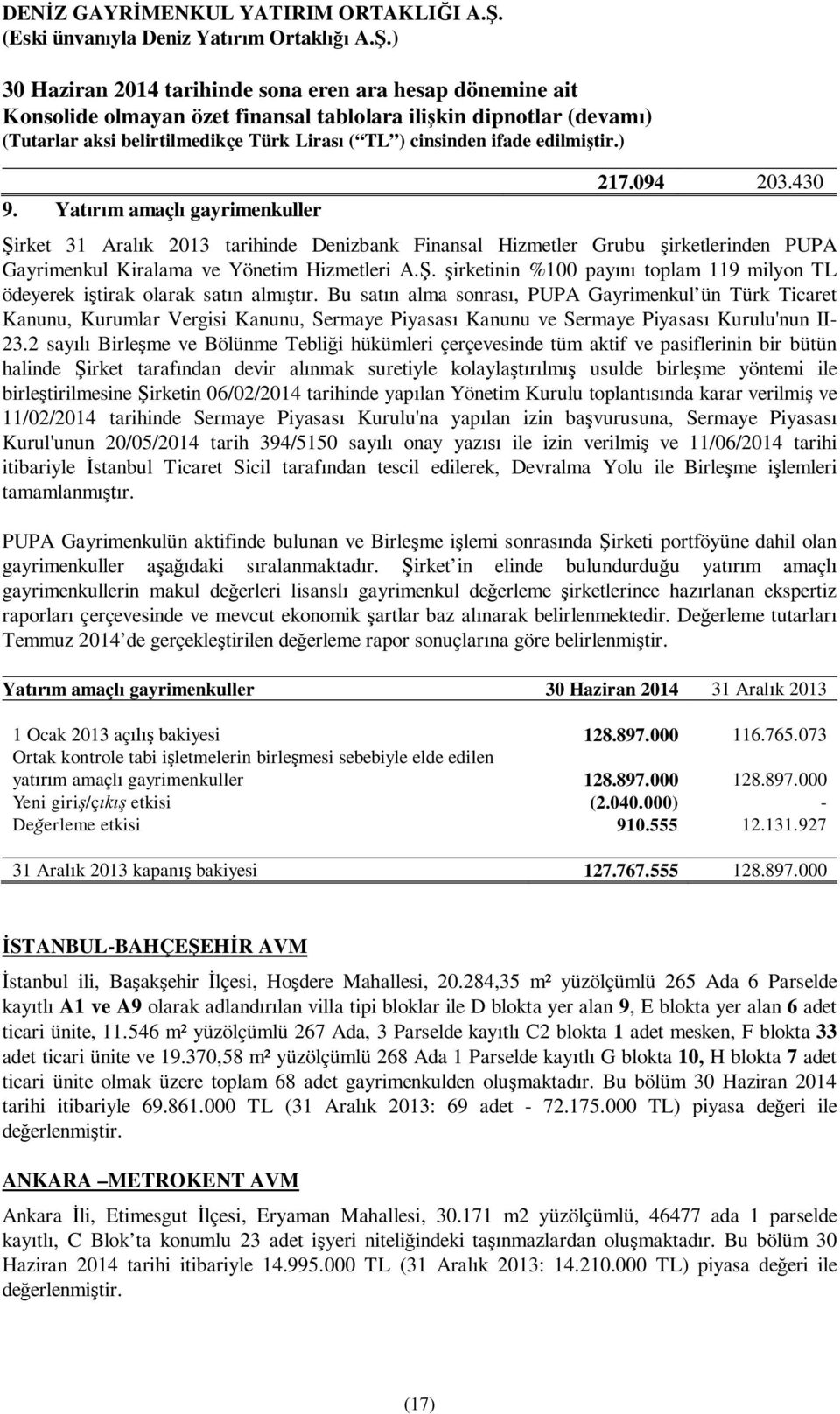 Bu satın alma sonrası, PUPA Gayrimenkul ün Türk Ticaret Kanunu, Kurumlar Vergisi Kanunu, Sermaye Piyasası Kanunu ve Sermaye Piyasası Kurulu'nun II- 23.