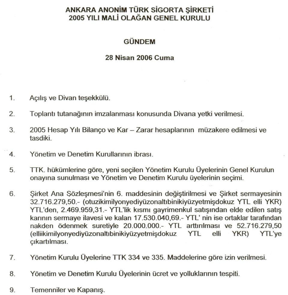 hükümlerne göre, yen seçlen Yönetm Kurulu Üyelernn Genel Kurulun onayna sunulmas ve Yönetm ve Denetm Kurulu üyelernn seçm. Srket Ana Sözlesmes'nn 6. maddesnn degstrlmes ve Srket sermayesnn 32.716.