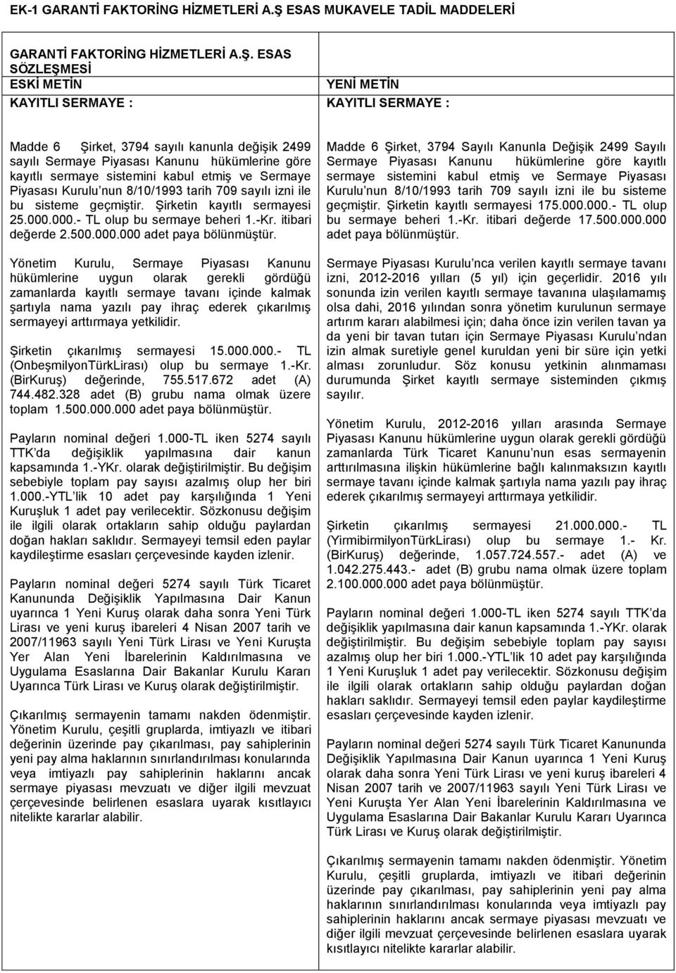 ESAS SÖZLEŞMESİ ESKİ METİN KAYITLI SERMAYE : YENİ METİN KAYITLI SERMAYE : Madde 6 Şirket, 3794 sayılı kanunla değişik 2499 sayılı Sermaye Piyasası Kanunu hükümlerine göre kayıtlı sermaye sistemini