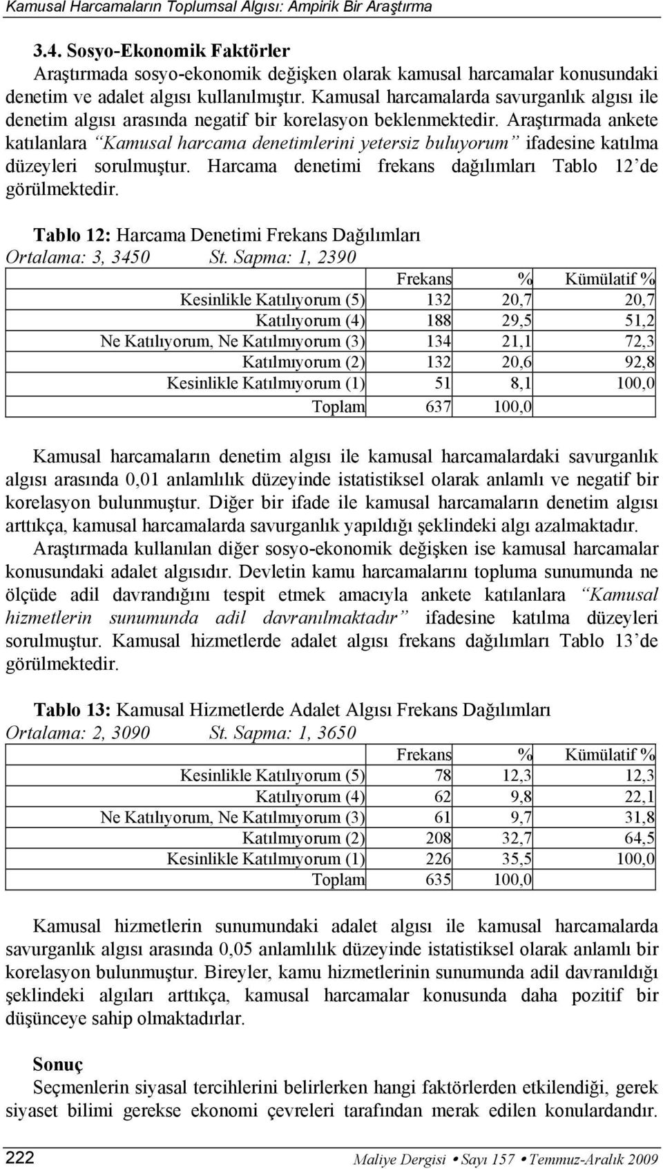 Araştırmada ankete katılanlara Kamusal harcama denetimlerini yetersiz buluyorum ifadesine katılma düzeyleri sorulmuştur. Harcama denetimi frekans dağılımları Tablo 12 de görülmektedir.