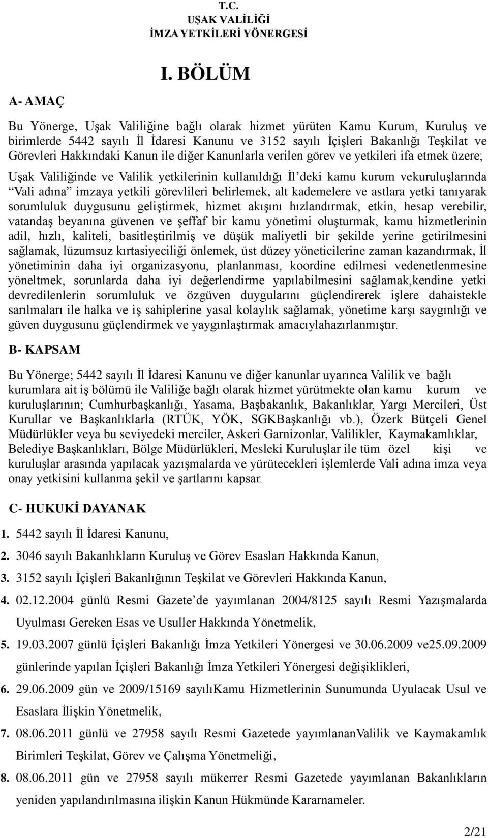 ile diğer Kanunlarla verilen görev ve yetkileri ifa etmek üzere; Uşak Valiliğinde ve Valilik yetkilerinin kullanıldığı İl deki kamu kurum vekuruluşlarında Vali adına imzaya yetkili görevlileri