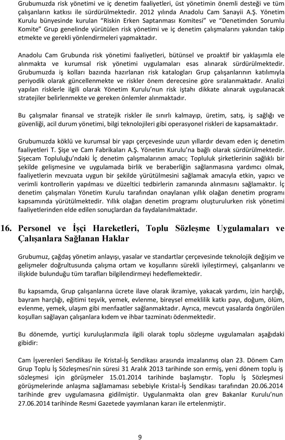 yönlendirmeleri yapmaktadır. Anadolu Cam Grubunda risk yönetimi faaliyetleri, bütünsel ve proaktif bir yaklaşımla ele alınmakta ve kurumsal risk yönetimi uygulamaları esas alınarak sürdürülmektedir.