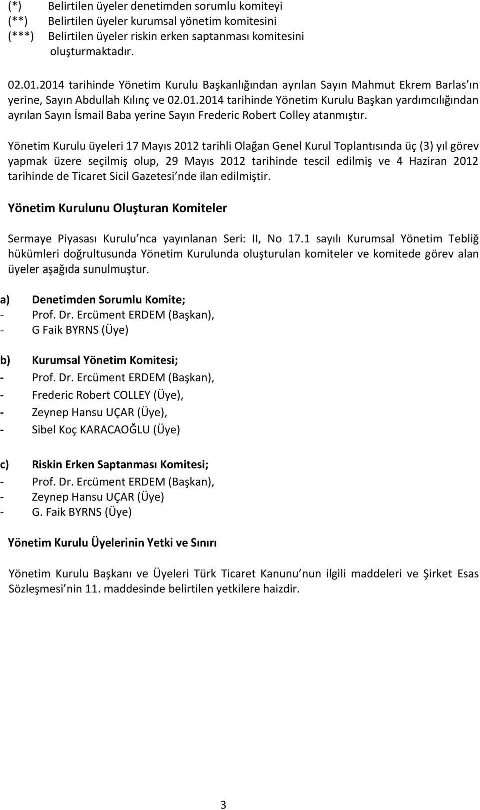 Yönetim Kurulu üyeleri 17 Mayıs 2012 tarihli Olağan Genel Kurul Toplantısında üç (3) yıl görev yapmak üzere seçilmiş olup, 29 Mayıs 2012 tarihinde tescil edilmiş ve 4 Haziran 2012 tarihinde de