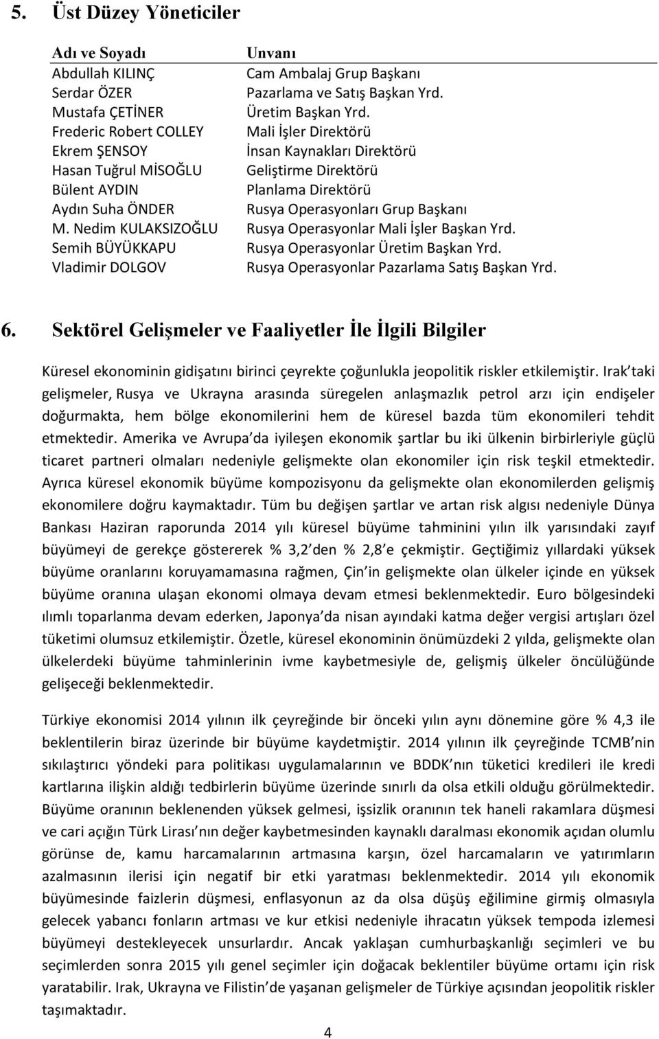 Başkanı M. Nedim KULAKSIZOĞLU Rusya Operasyonlar Mali İşler Başkan Yrd. Semih BÜYÜKKAPU Rusya Operasyonlar Üretim Başkan Yrd. Vladimir DOLGOV Rusya Operasyonlar Pazarlama Satış Başkan Yrd. 6.