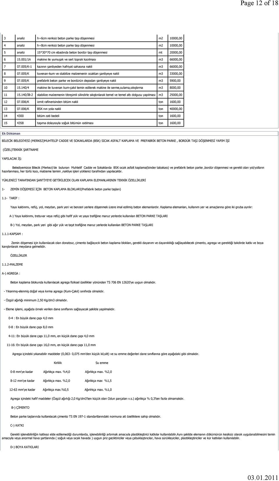 005/K tuvenan-kum ve stabilize malzemenin ocaktan şantiyeye nakli m3 33000,00 9 07.005/K prefabrik beton parke ve bordürün depodan şantiyeye nakli m3 5900,00 10 15.